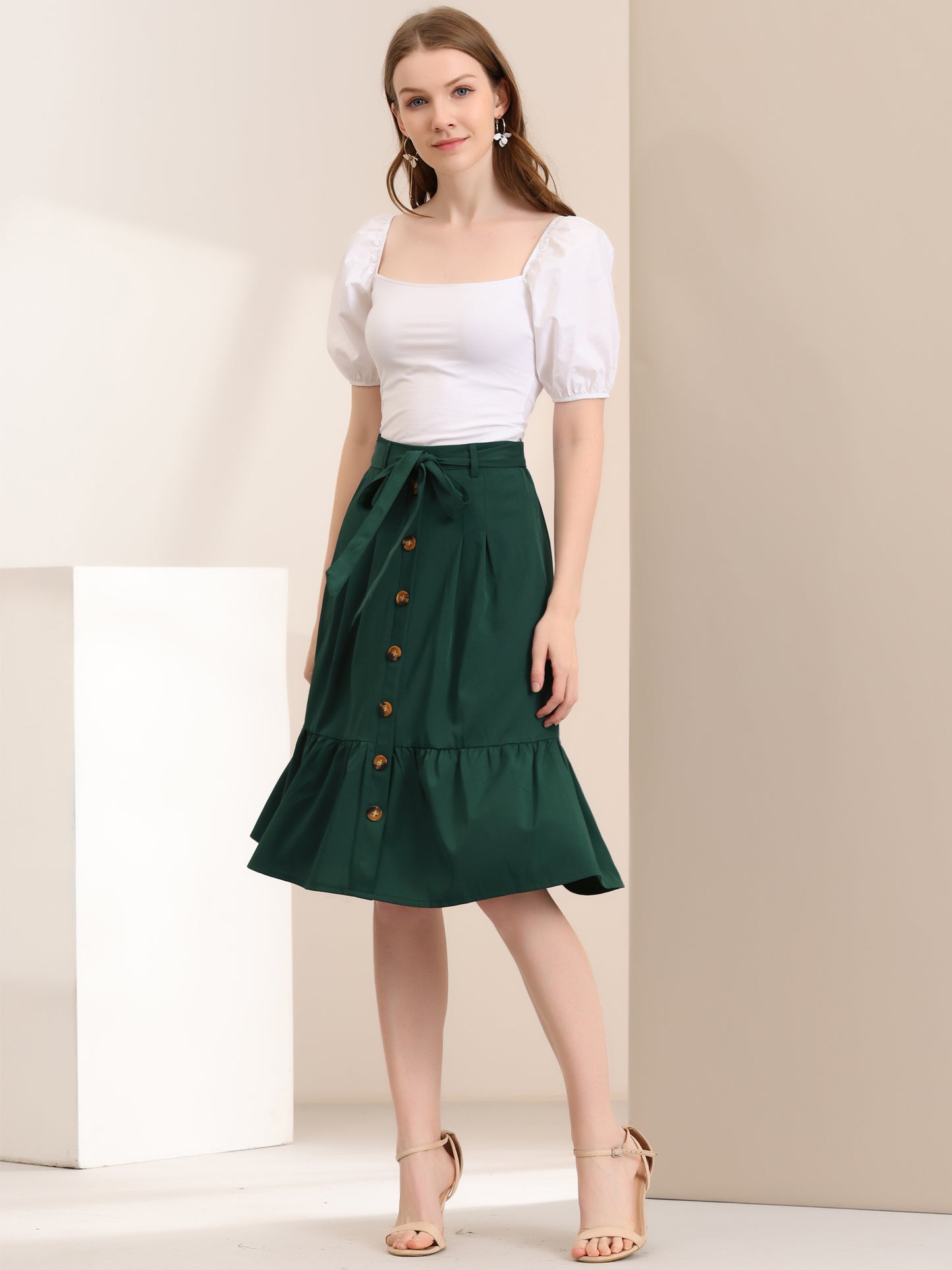 Women's Retro Button Front Tie Waist Flowy A-Line Chiffon Ruffle Midi Skirt