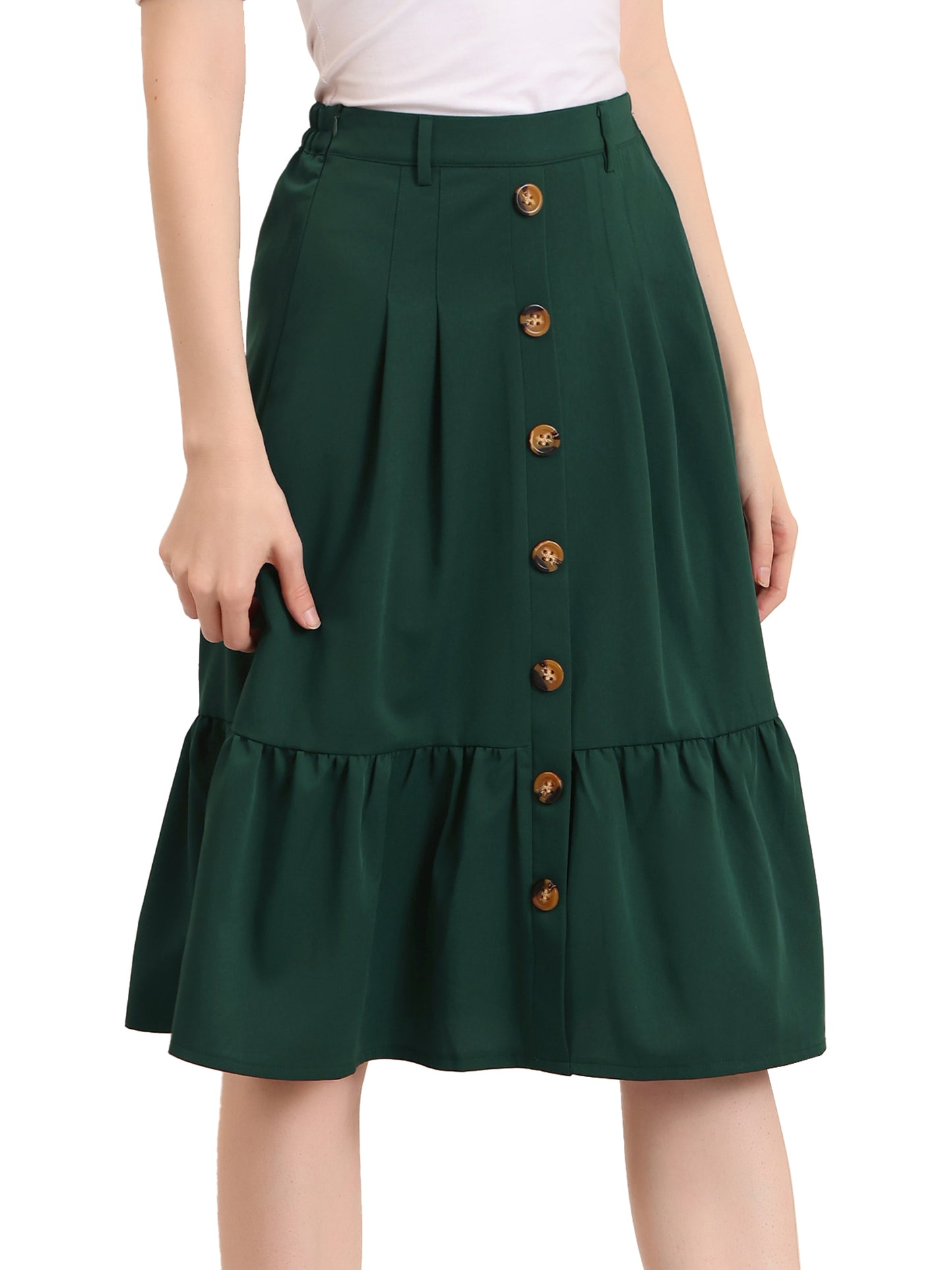 Women's Retro Button Front Tie Waist Flowy A-Line Chiffon Ruffle Midi Skirt