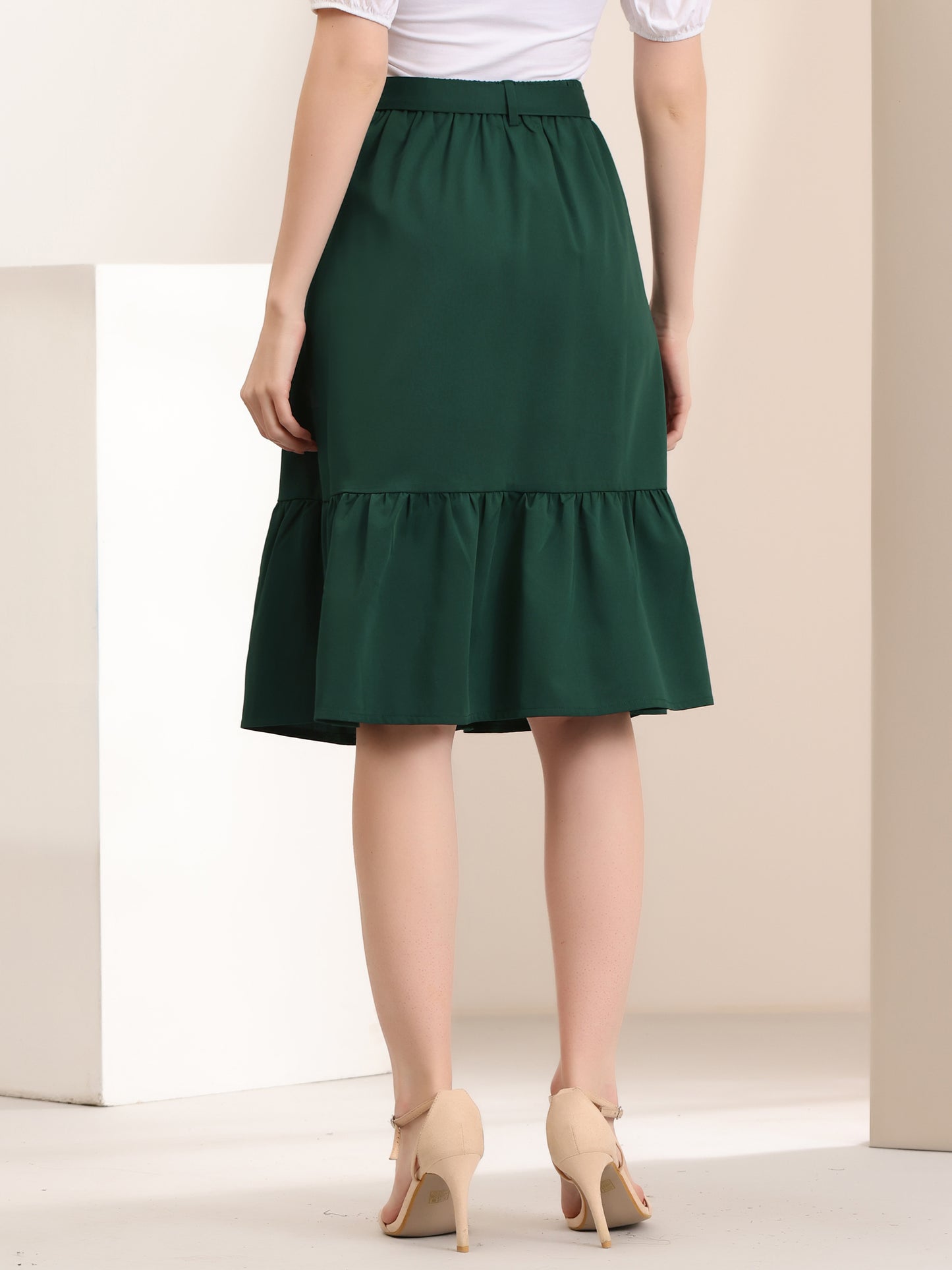 Women's Retro Button Front Tie Waist Flowy A-Line Chiffon Ruffle Midi Skirt