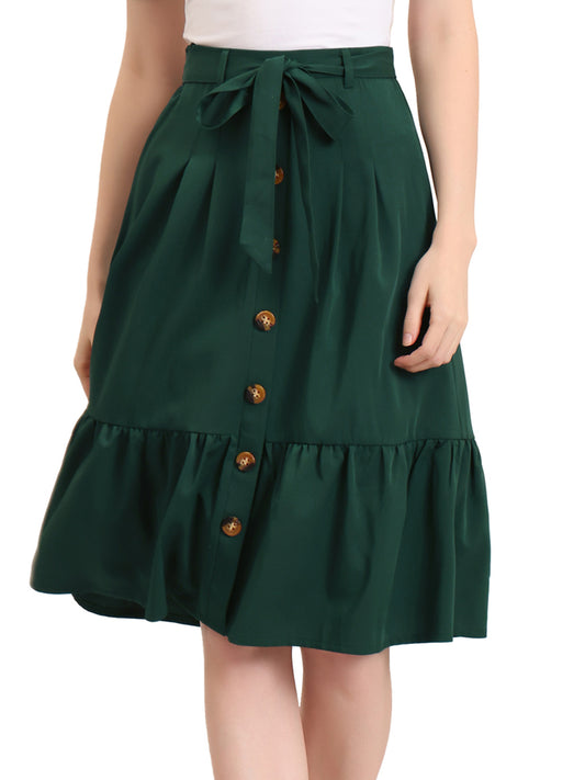 Women's Retro Button Front Tie Waist Flowy A-Line Chiffon Ruffle Midi Skirt