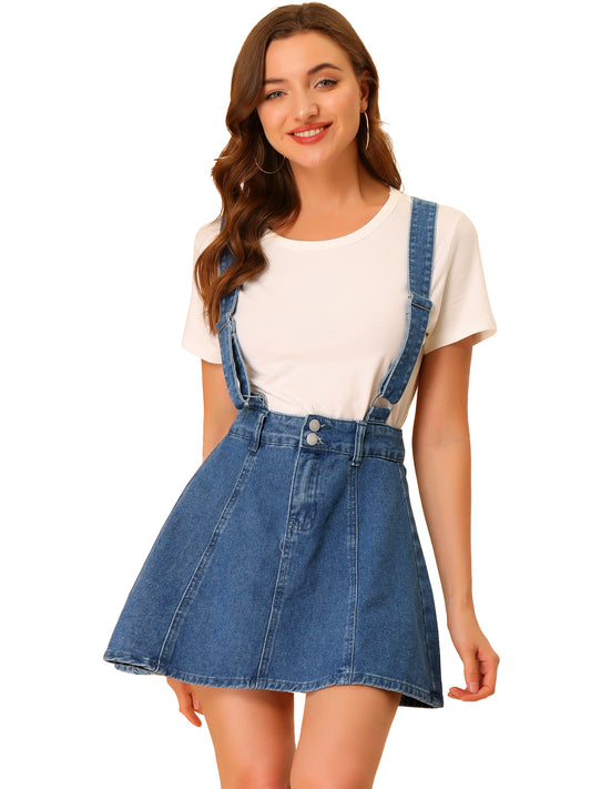 Women's Denim Skirt Overall Adjustable Strap Braces Mini Suspender Washed Jean Skirt (Available in Plus Size)
