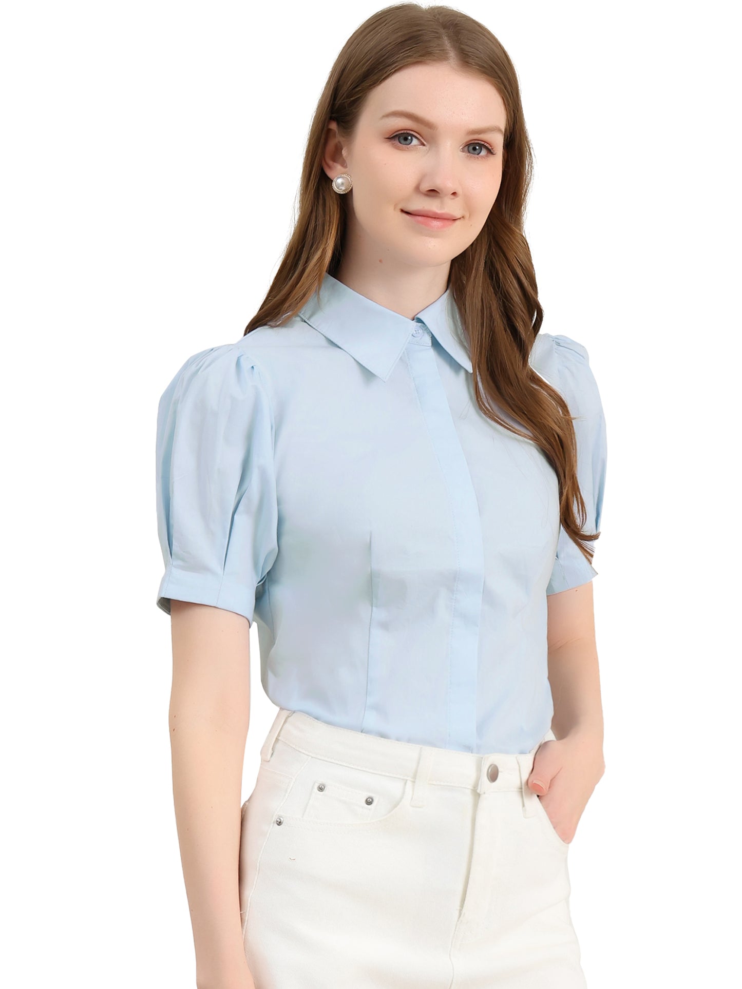 Women's Work Office Button Down Shirt Puff Sleeve Collared Short Sleeve Fashion Top
