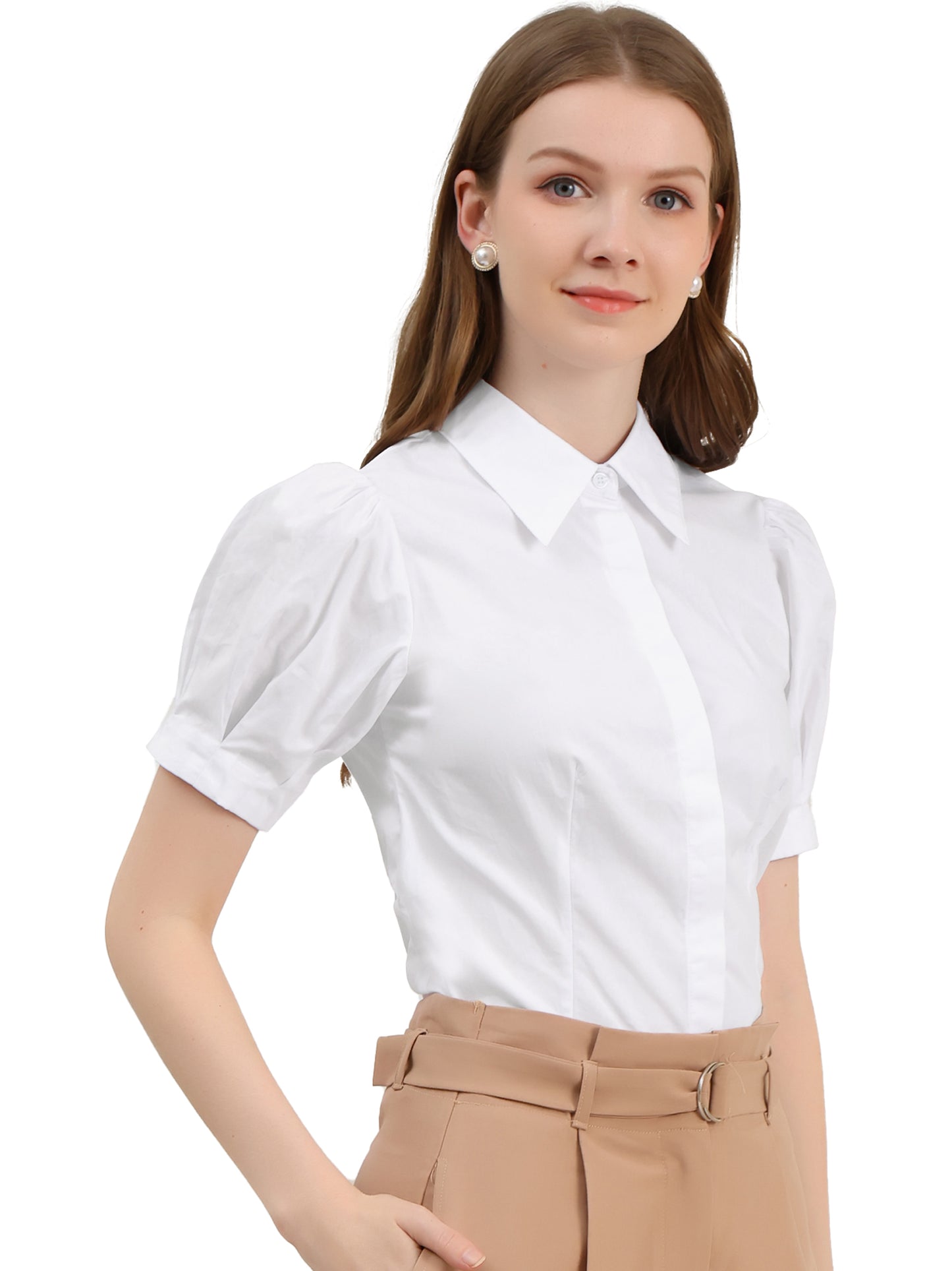 Women's Work Office Button Down Shirt Puff Sleeve Collared Short Sleeve Fashion Top