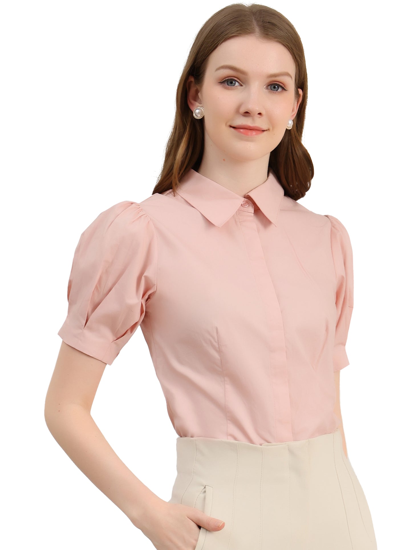 Women's Work Office Button Down Shirt Puff Sleeve Collared Short Sleeve Fashion Top