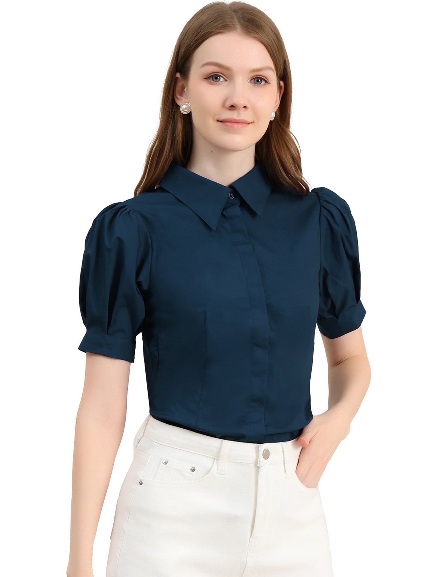 Women's Work Office Button Down Shirt Puff Sleeve Collared Short Sleeve Fashion Top