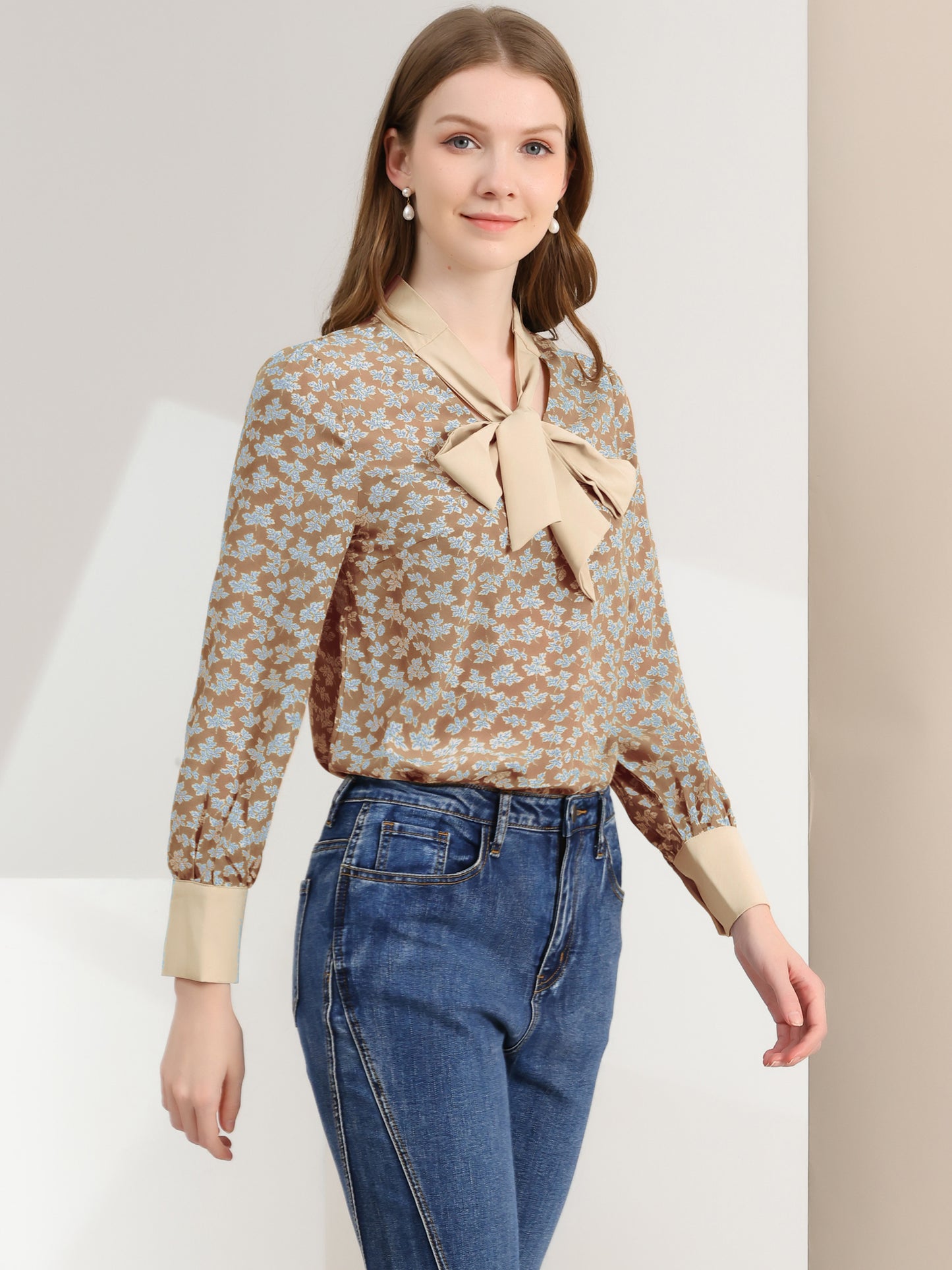 Women's Bow Tie Long Sleeve Floral Blouse