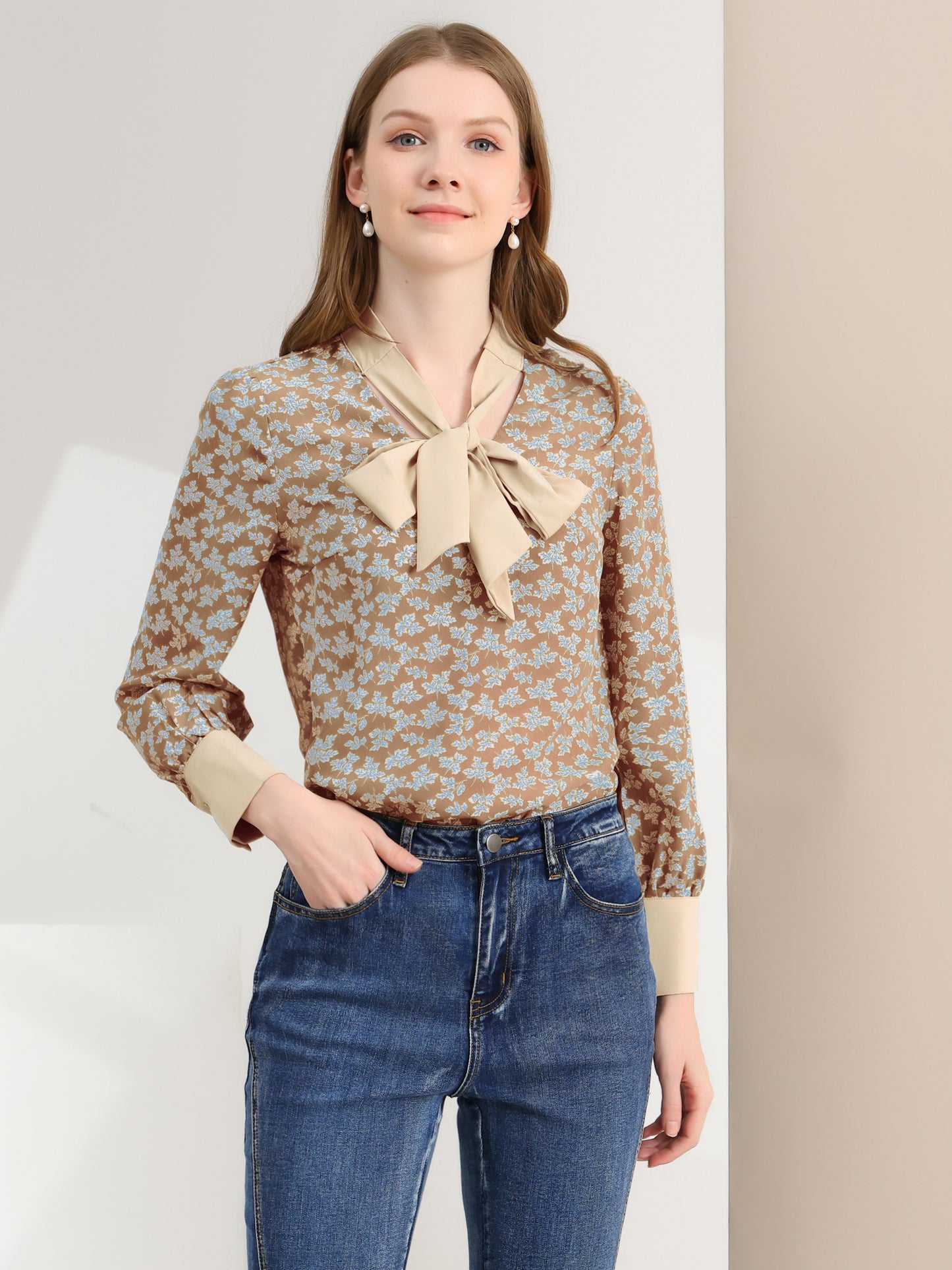 Women's Bow Tie Long Sleeve Floral Blouse