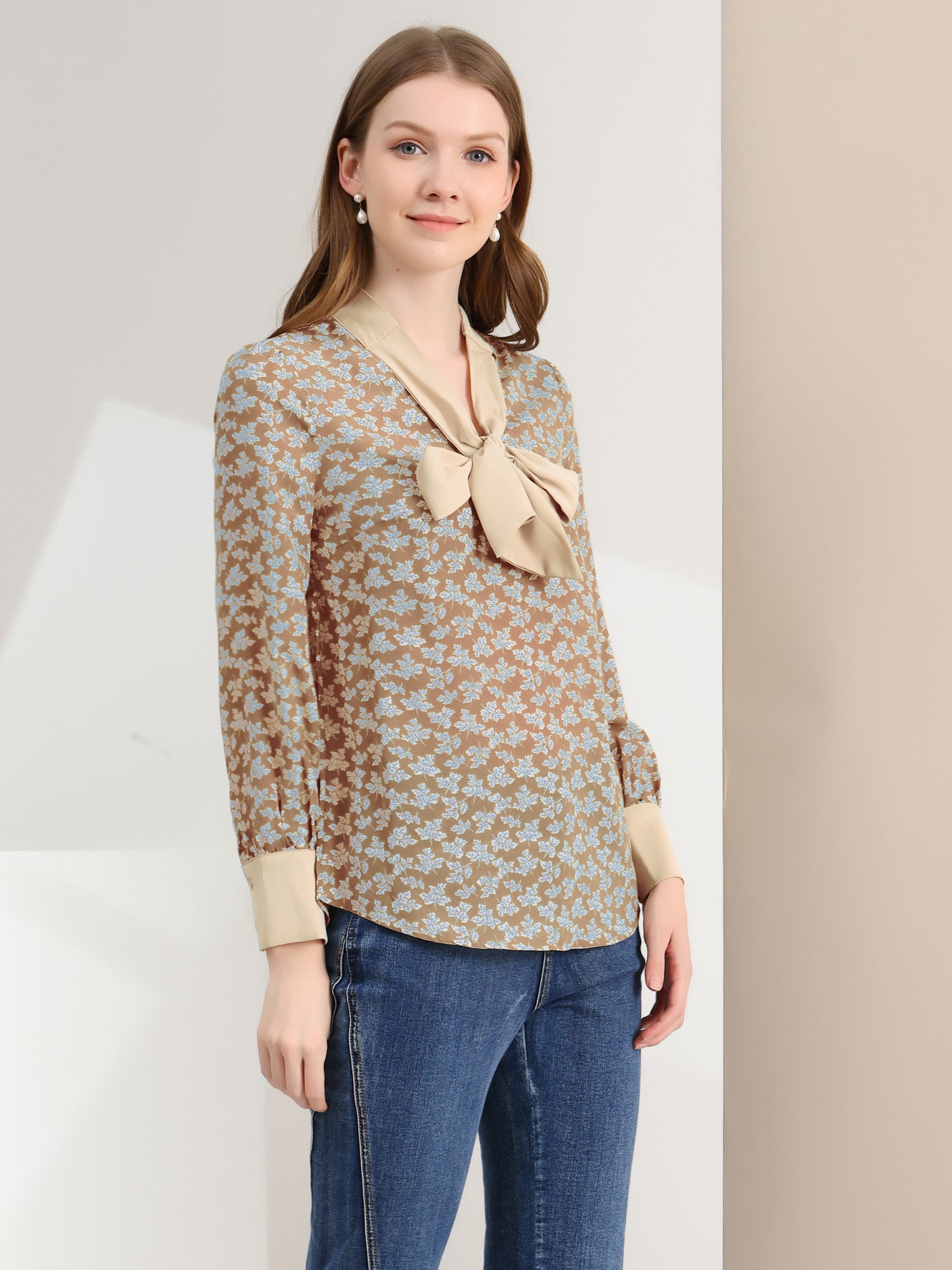 Women's Bow Tie Long Sleeve Floral Blouse