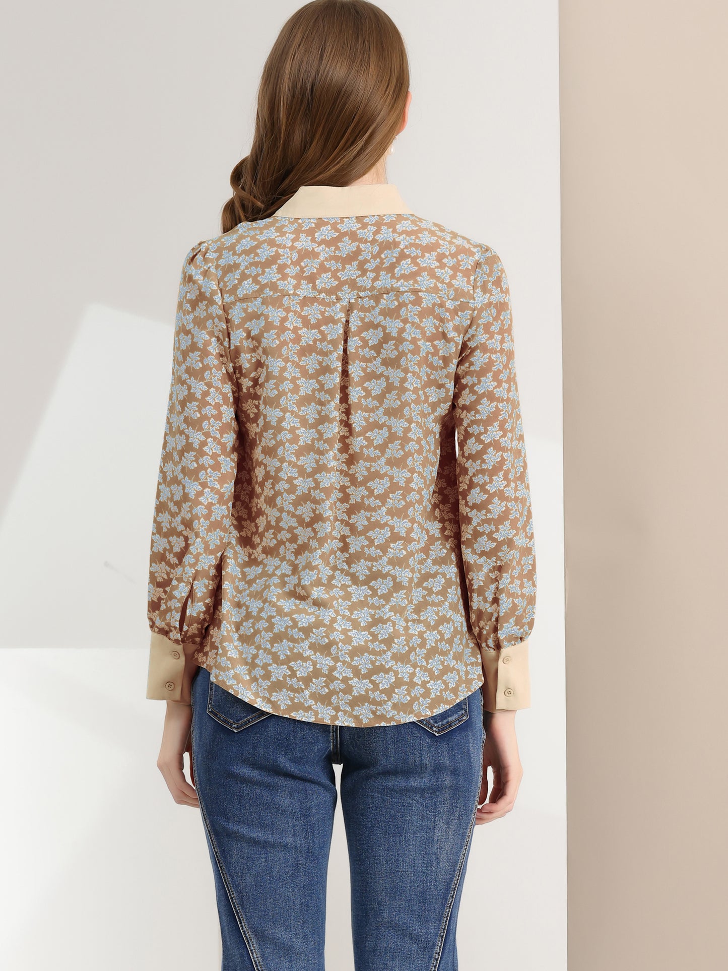 Women's Bow Tie Long Sleeve Floral Blouse