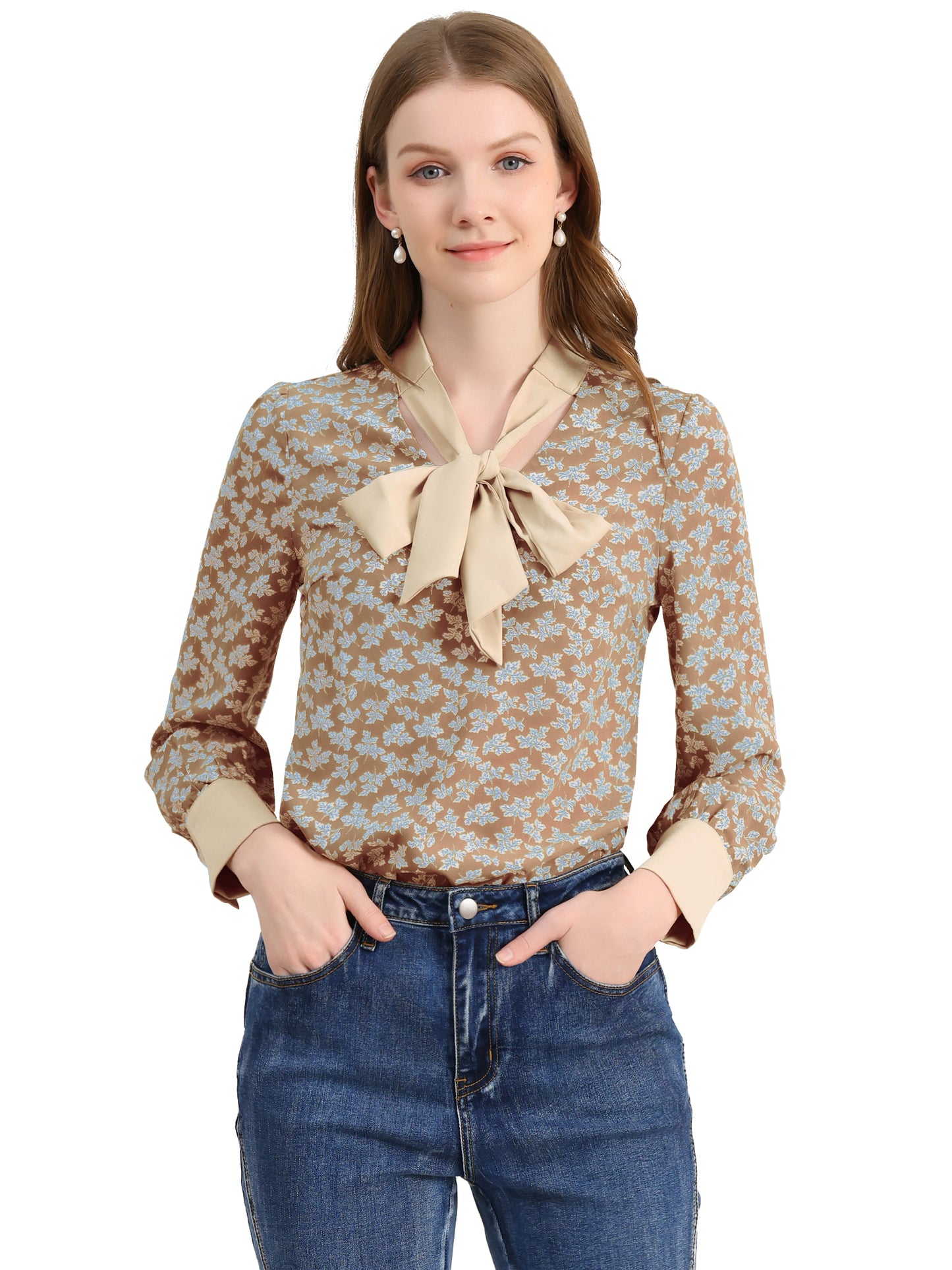 Women's Bow Tie Long Sleeve Floral Blouse