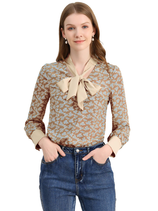 Women's Bow Tie Long Sleeve Floral Blouse
