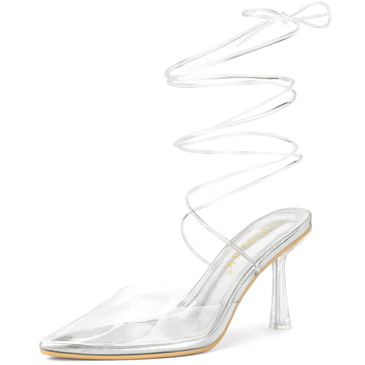 Zapatos de tacón de aguja transparente con cordones para mujer