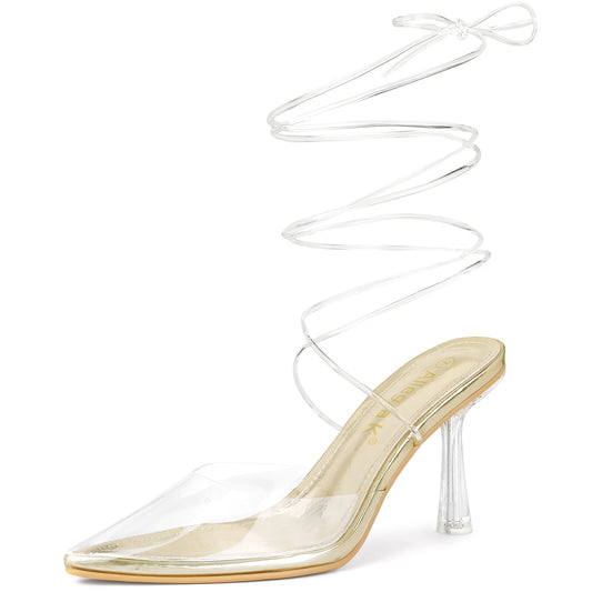 Zapatos de tacón de aguja transparente con cordones para mujer