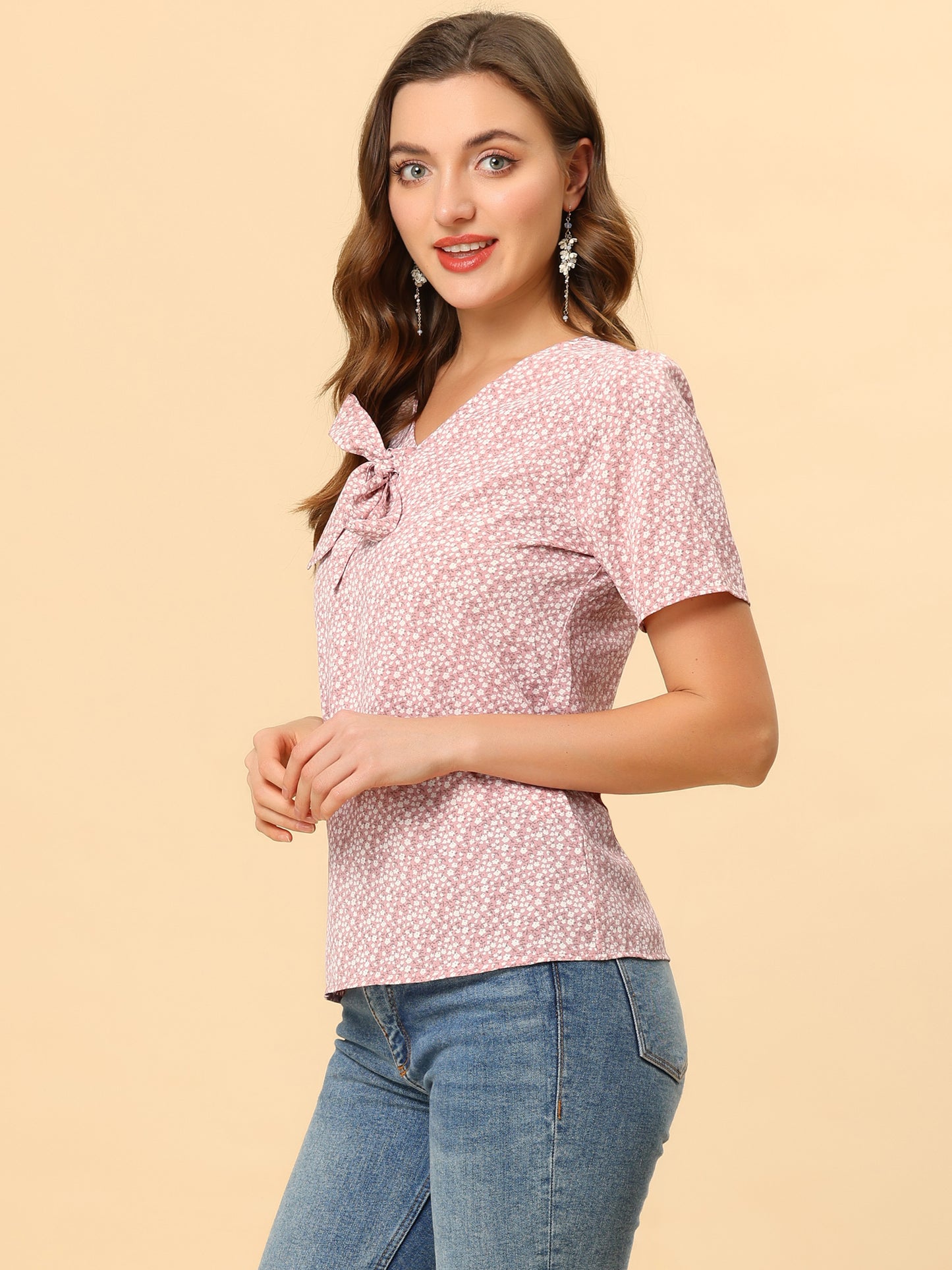 Women's Bow Tie V Neck Short Sleeve Print Blouse