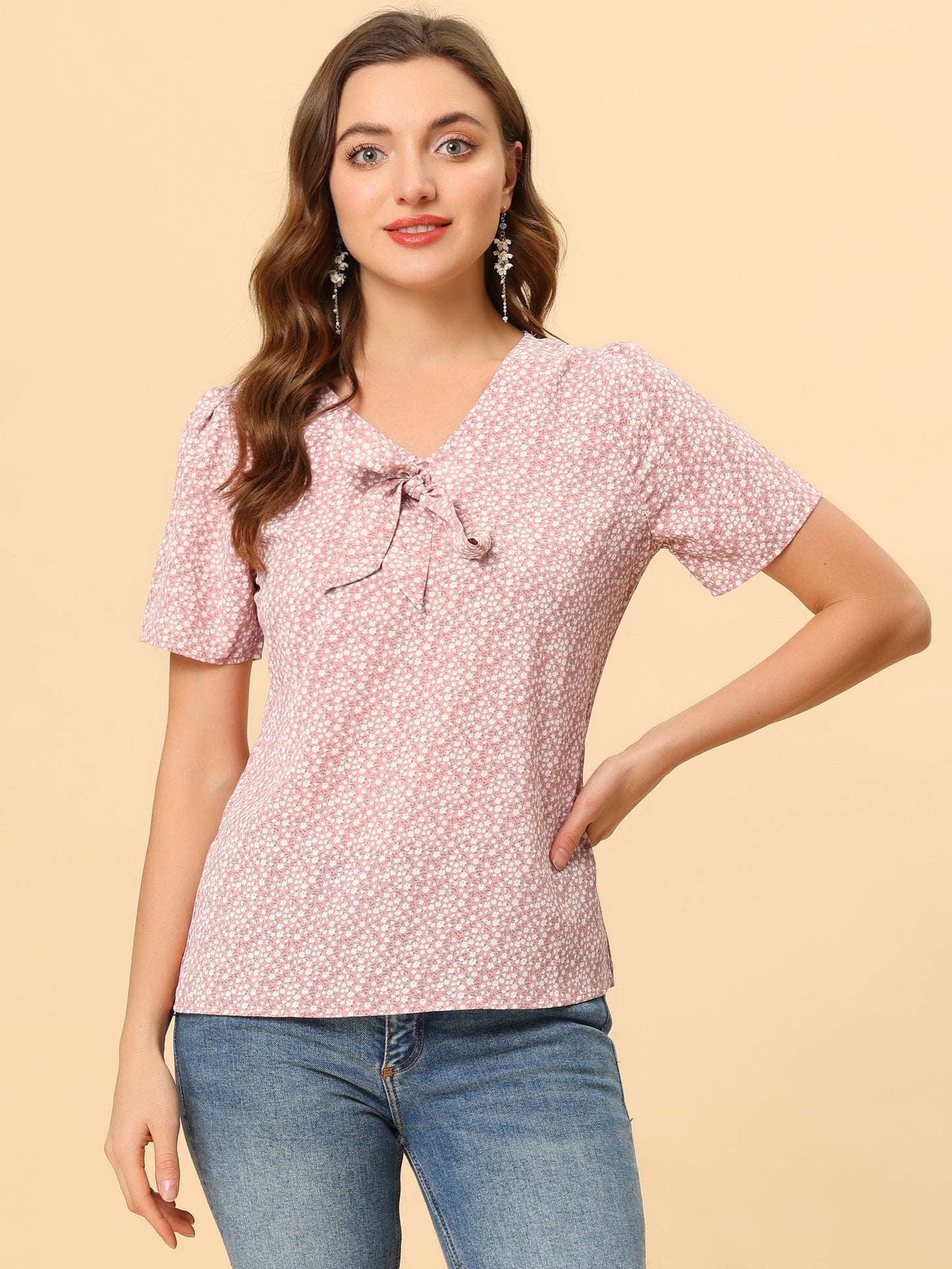Women's Bow Tie V Neck Short Sleeve Print Blouse