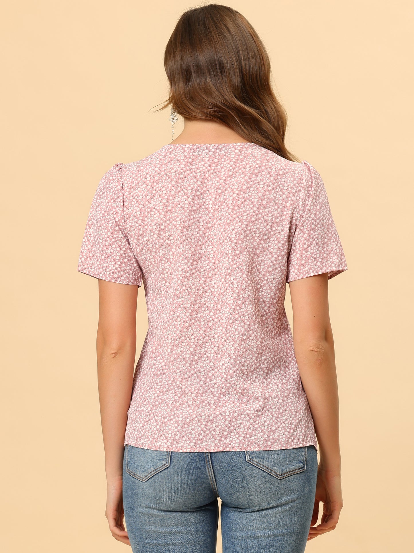 Women's Bow Tie V Neck Short Sleeve Print Blouse