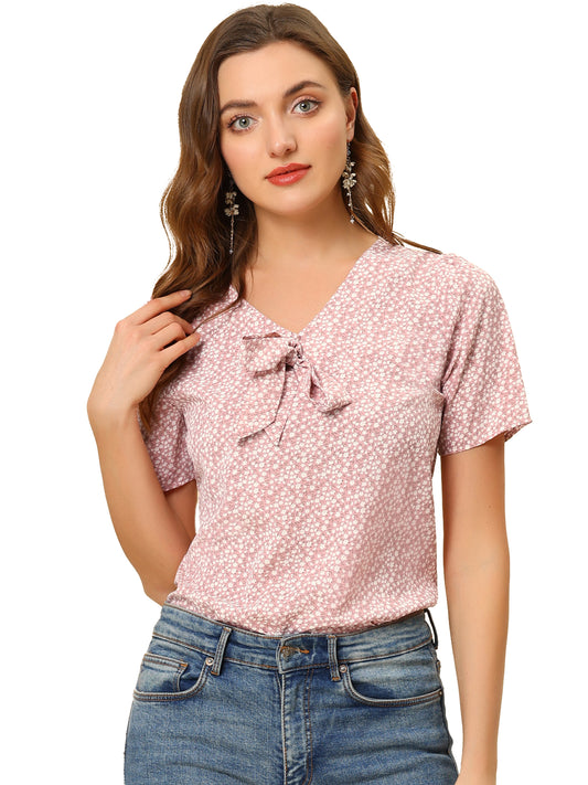 Women's Bow Tie V Neck Short Sleeve Print Blouse