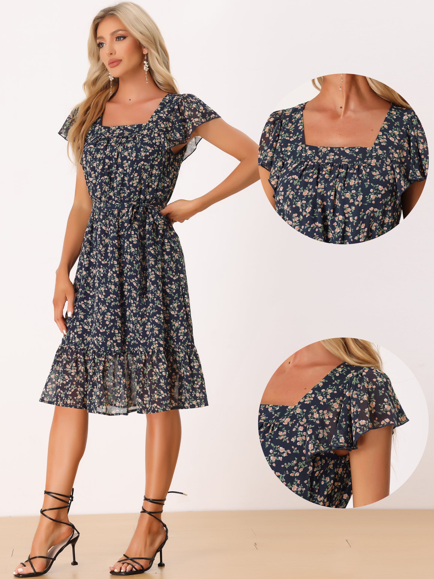 Women's Flutter Sleeve Ruffled Floral Chiffon Dress