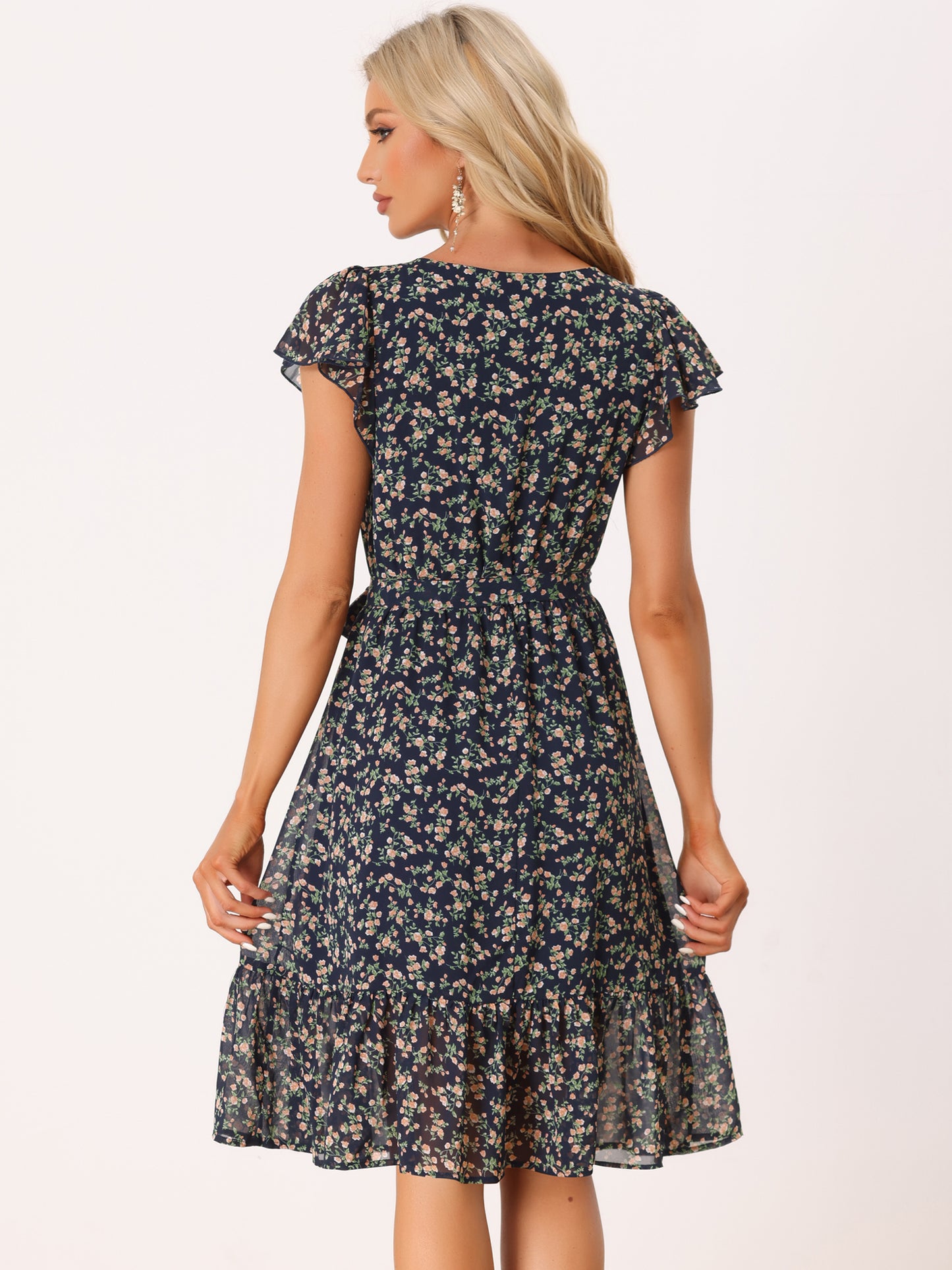 Women's Flutter Sleeve Ruffled Floral Chiffon Dress