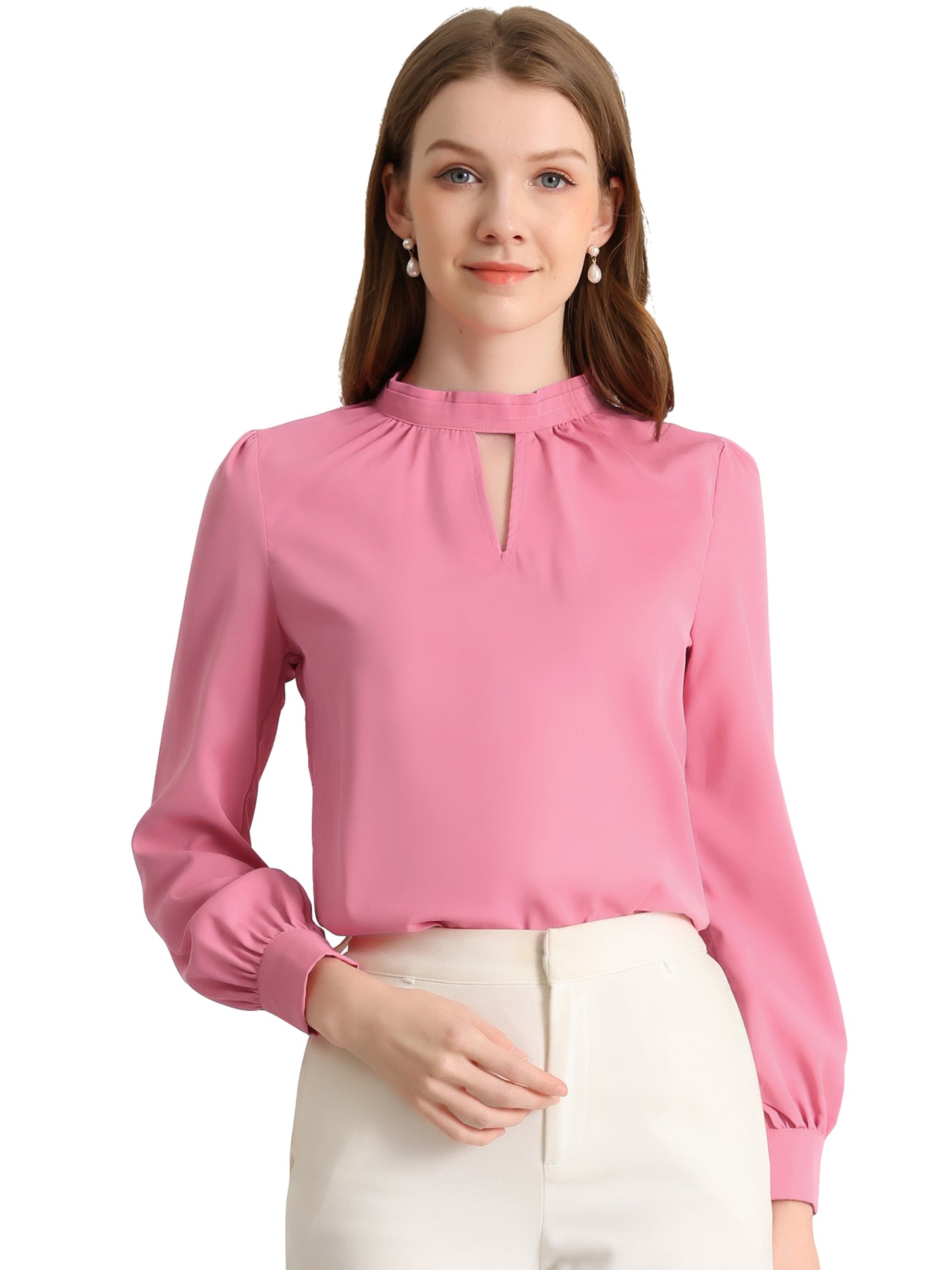 Women's Work Tops Business Casual Shirt Elegant Stand Collar Keyhole Long Sleeve Blouse (Available in Plus Size)