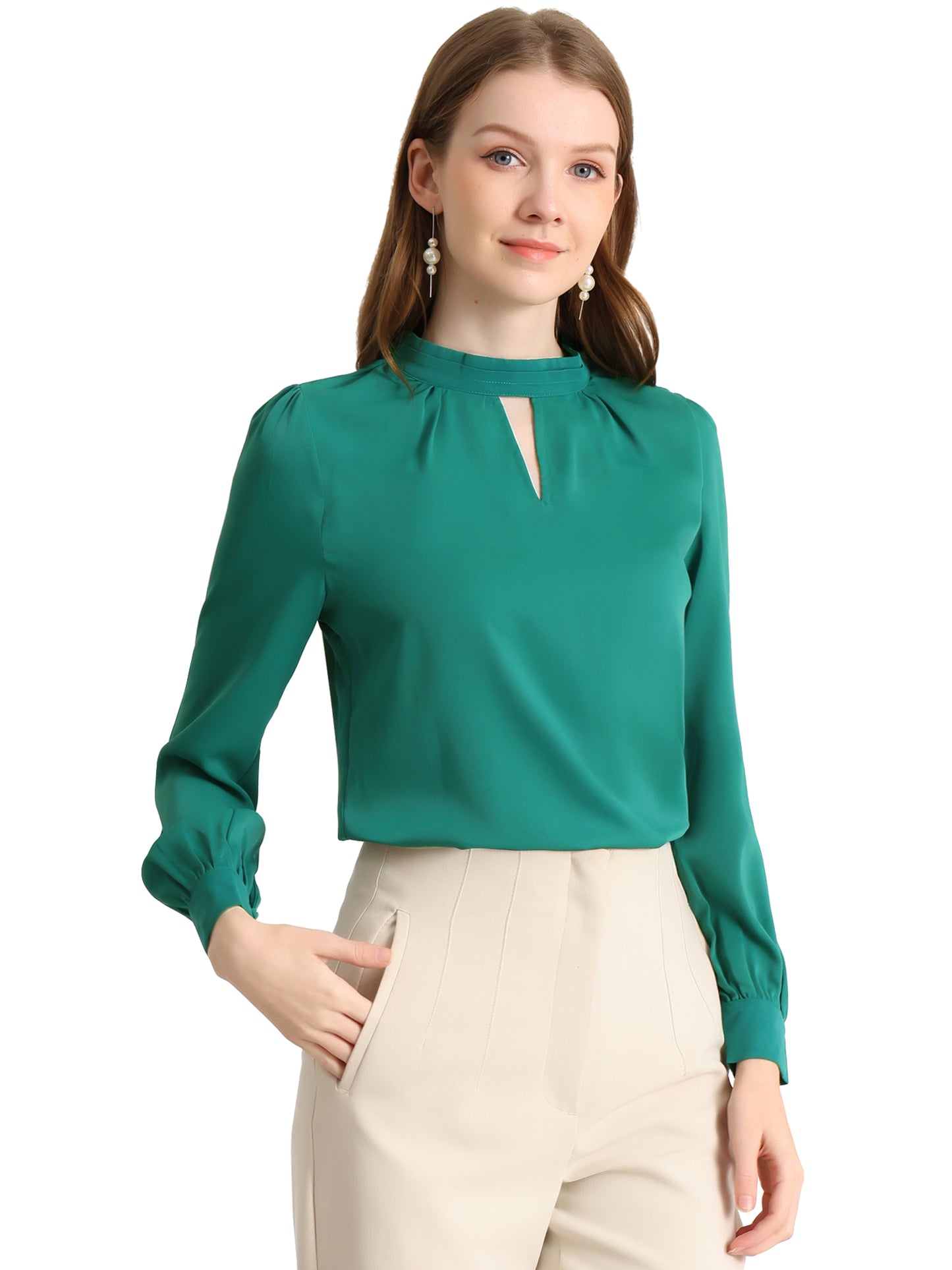 Women's Work Tops Business Casual Shirt Elegant Stand Collar Keyhole Long Sleeve Blouse (Available in Plus Size)
