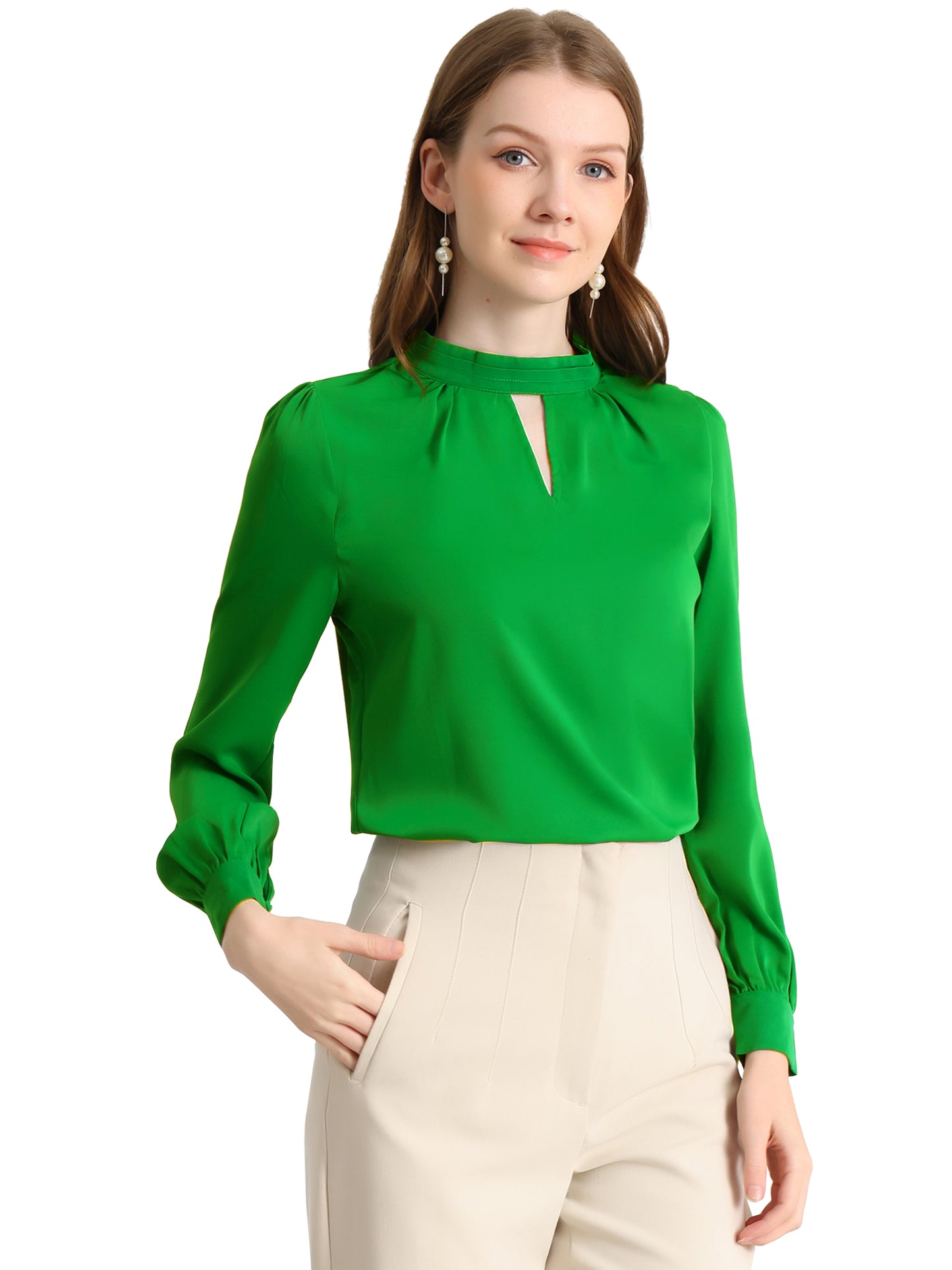 Women's Work Tops Business Casual Shirt Elegant Stand Collar Keyhole Long Sleeve Blouse (Available in Plus Size)