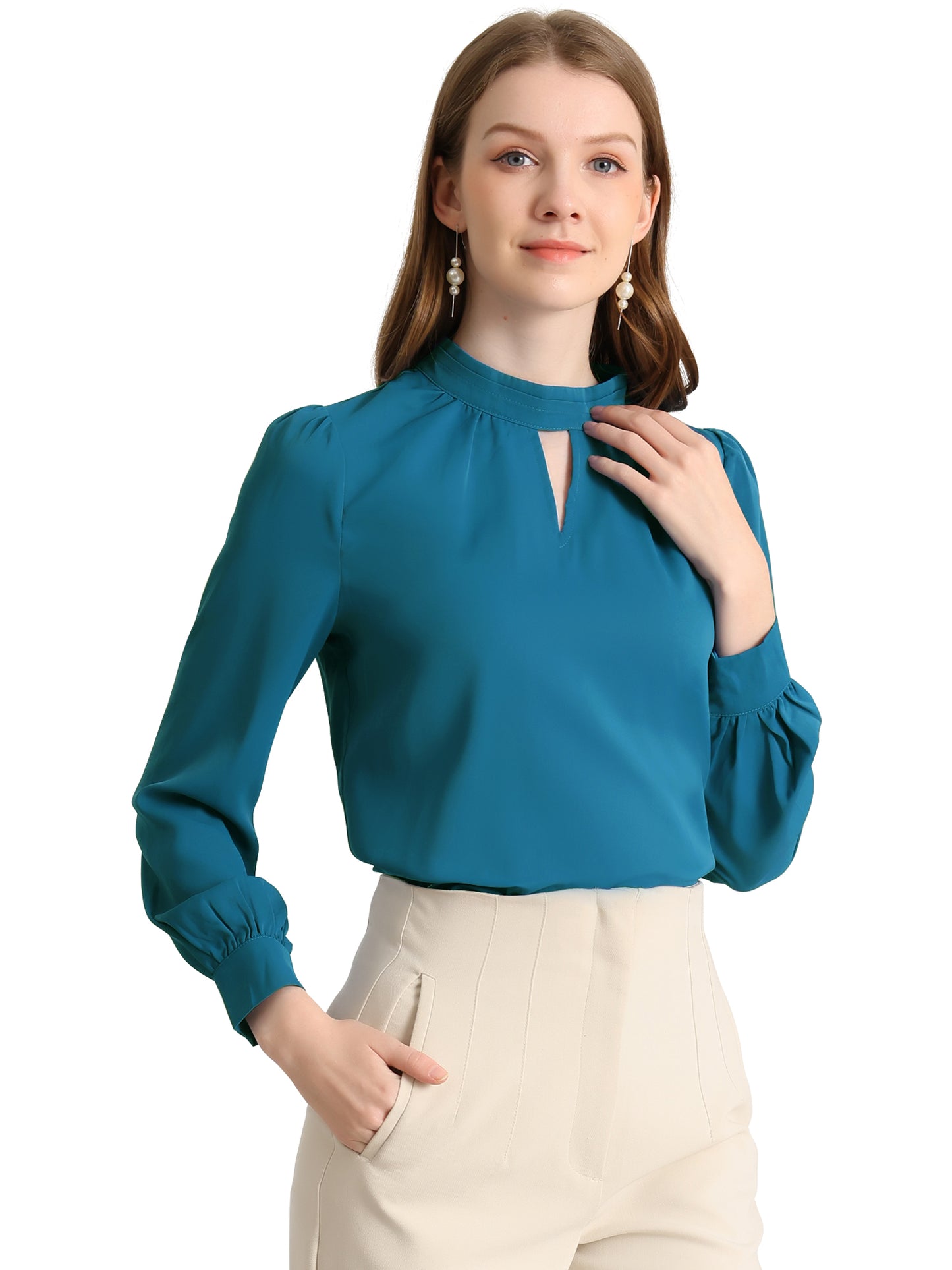 Women's Work Tops Business Casual Shirt Elegant Stand Collar Keyhole Long Sleeve Blouse (Available in Plus Size)