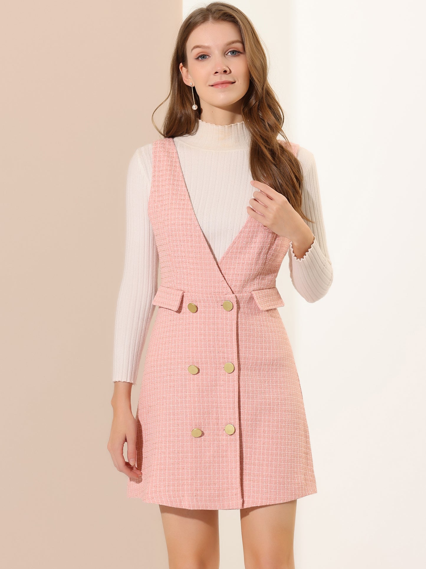 Women's Elegant Retro Button Front V Neck Plaid Tweed Overalls Pinafore Dress