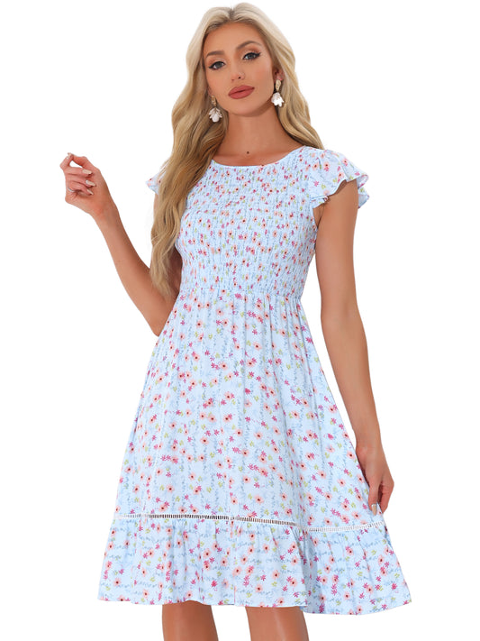 Women's Smocked Floral Fit and Flare Midi Dress