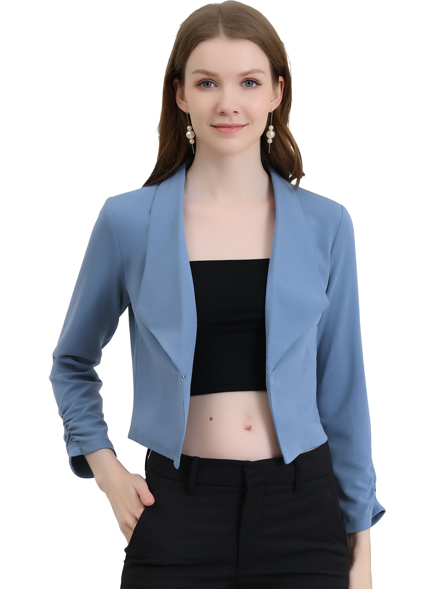 Women's Notched Lapel Ruched Sleeve Business Cropped Blazer (Available in Plus Size)