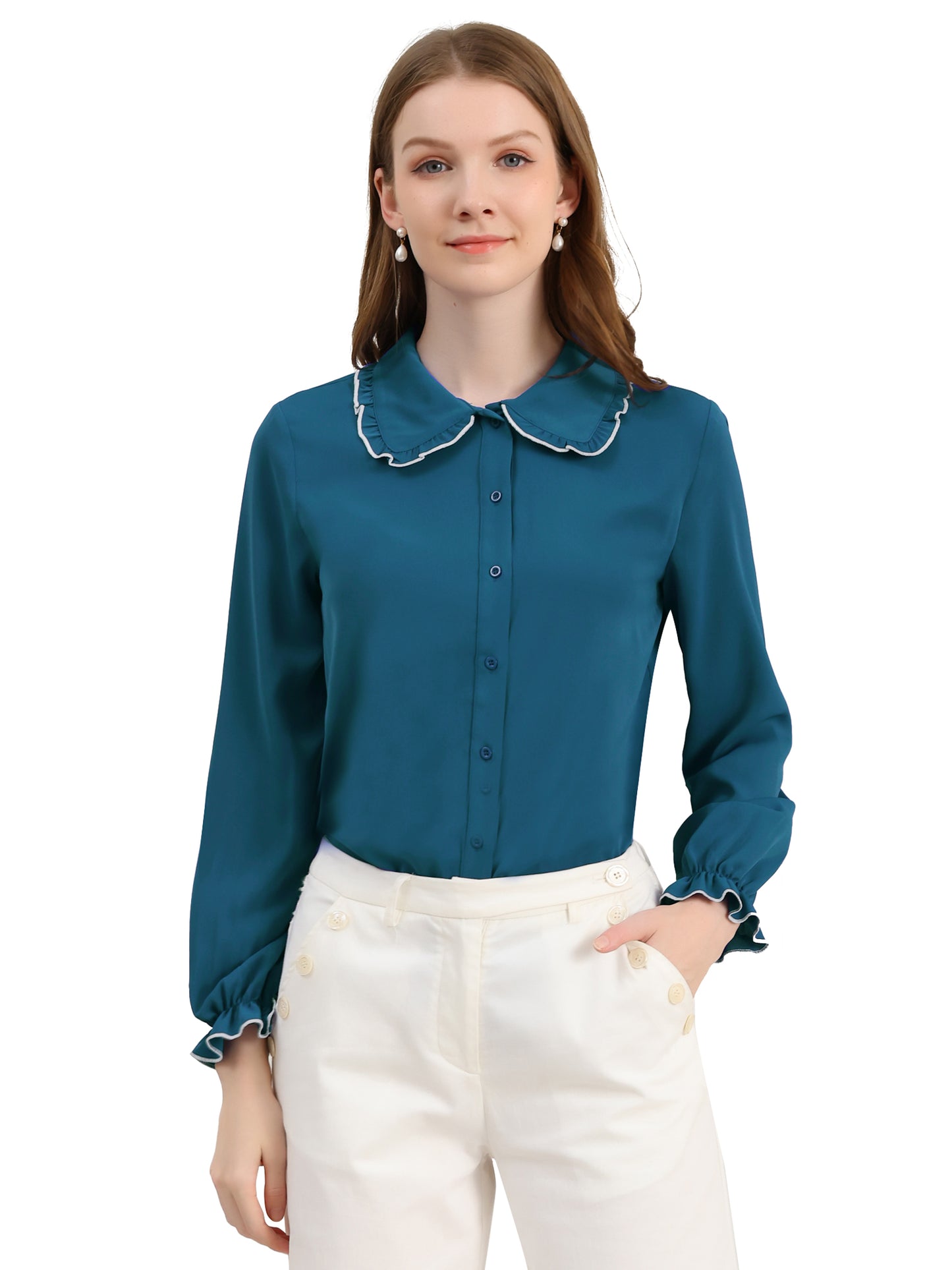Women's Long Sleeve Sweet Ruffle Peter Pan Collar Button Down Shirt (Available in Plus Size)