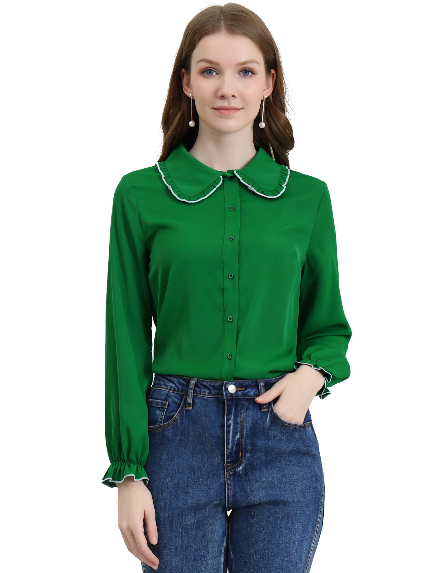 Women's Long Sleeve Sweet Ruffle Peter Pan Collar Button Down Shirt (Available in Plus Size)