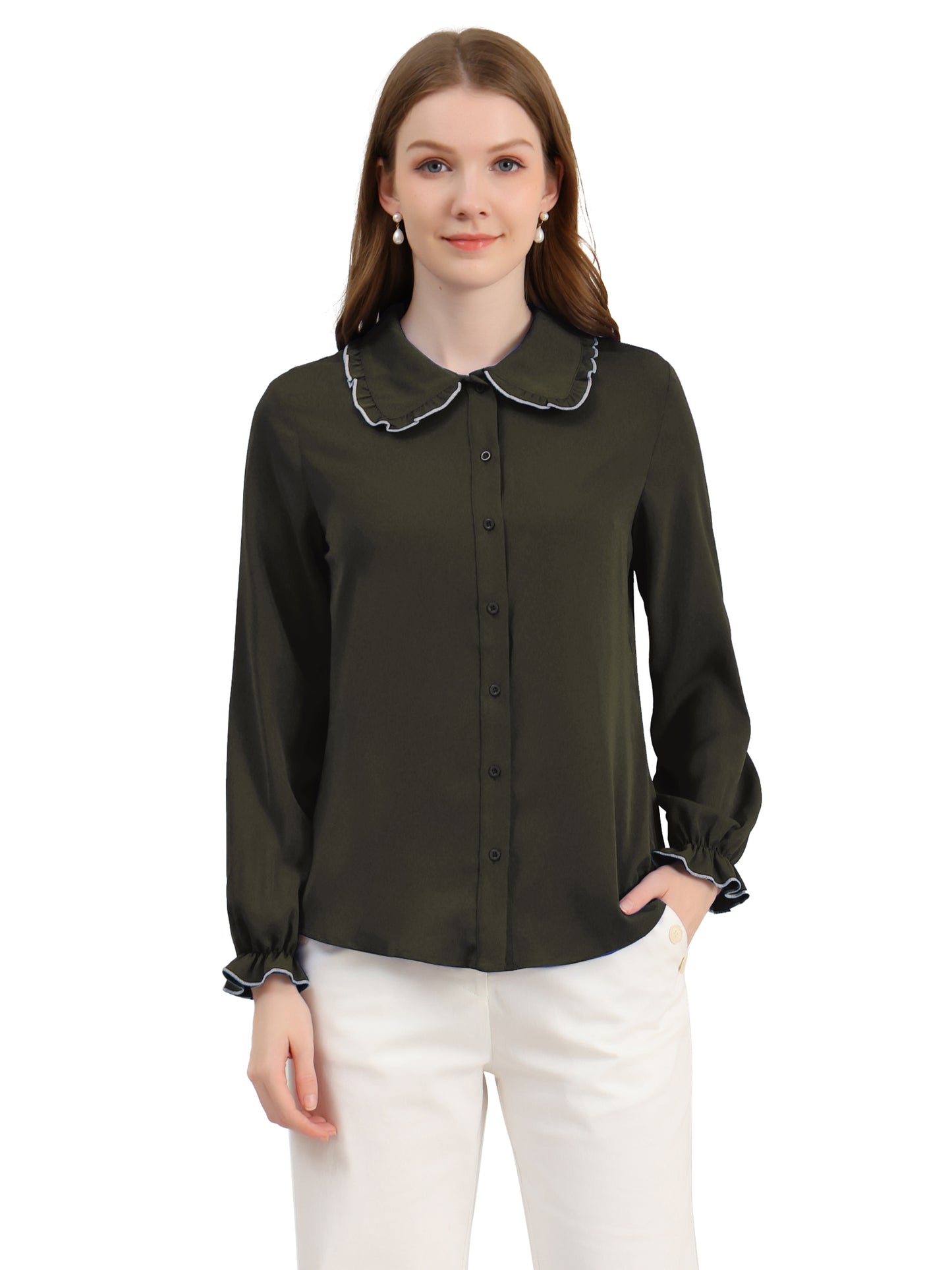 Women's Long Sleeve Sweet Ruffle Peter Pan Collar Button Down Shirt (Available in Plus Size)