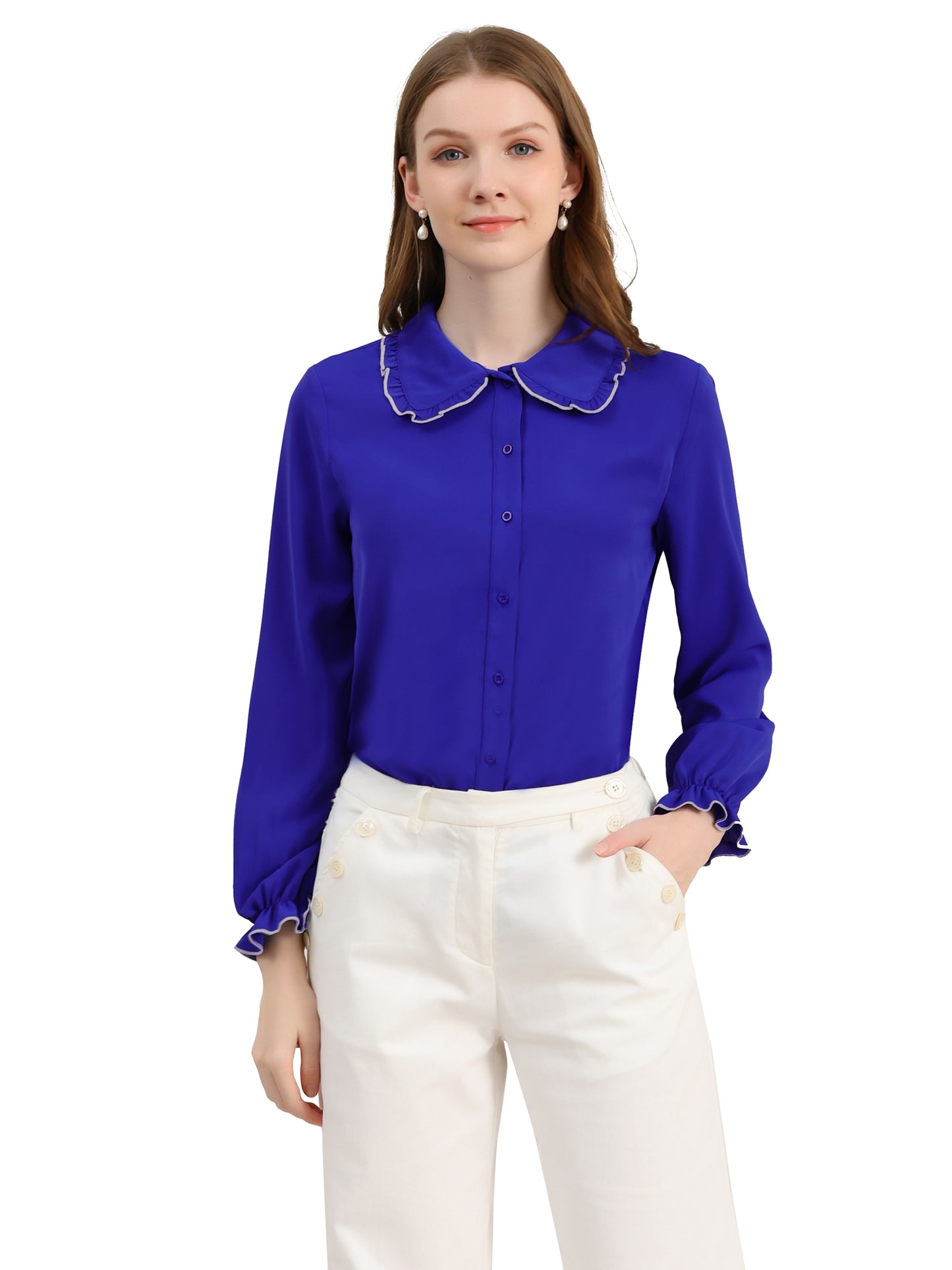 Women's Long Sleeve Sweet Ruffle Peter Pan Collar Button Down Shirt (Available in Plus Size)
