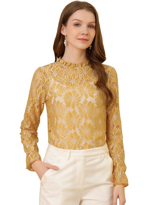 Women's Elegant See Through Top Ruffle Frill Neck Long Sleeve Floral Lace Blouse