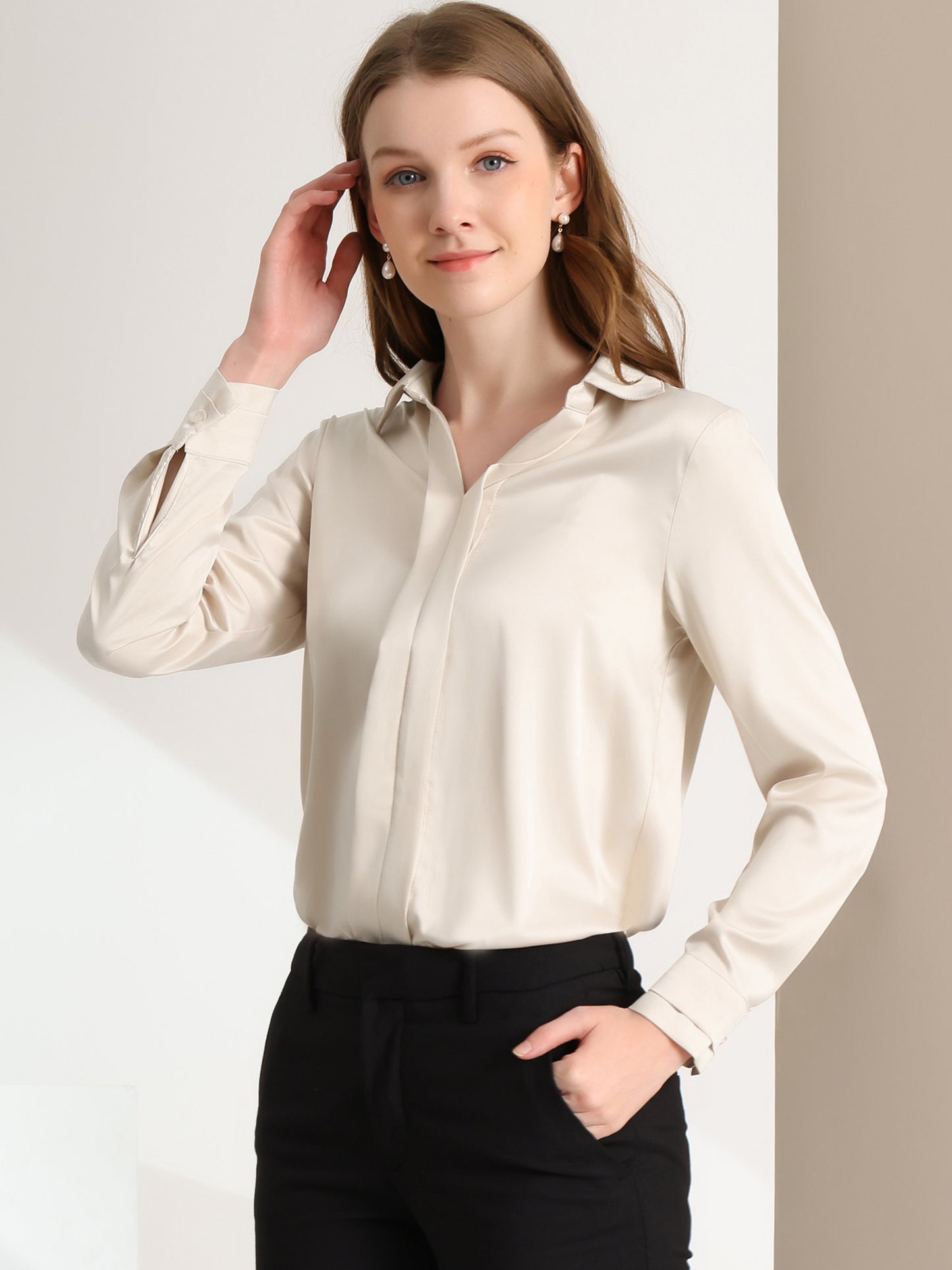 Women's Elegant V Neck Satin Long Sleeve Dressy Business Shirt Work Top (Available in Plus Size)