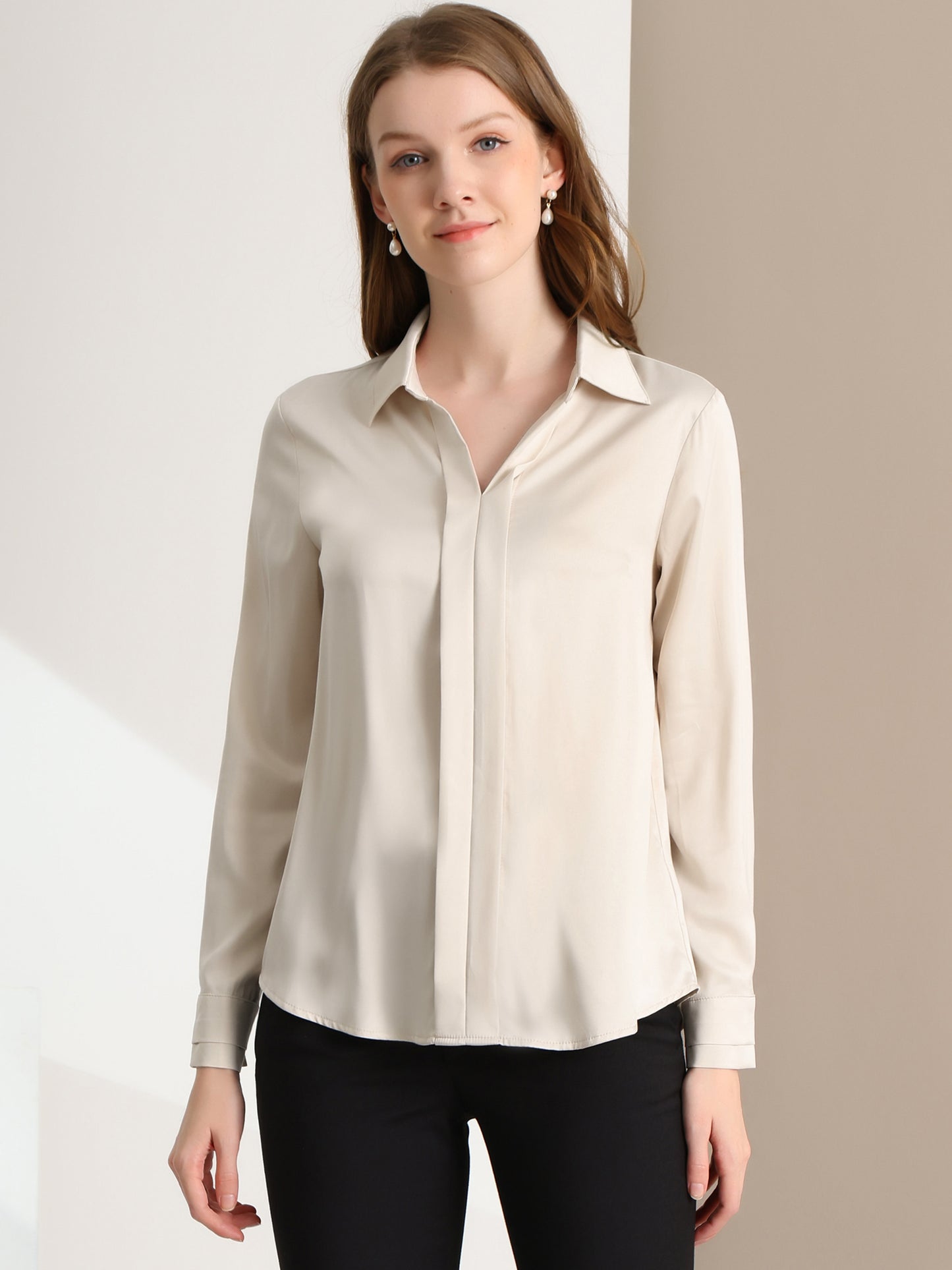 Women's Elegant V Neck Satin Long Sleeve Dressy Business Shirt Work Top (Available in Plus Size)