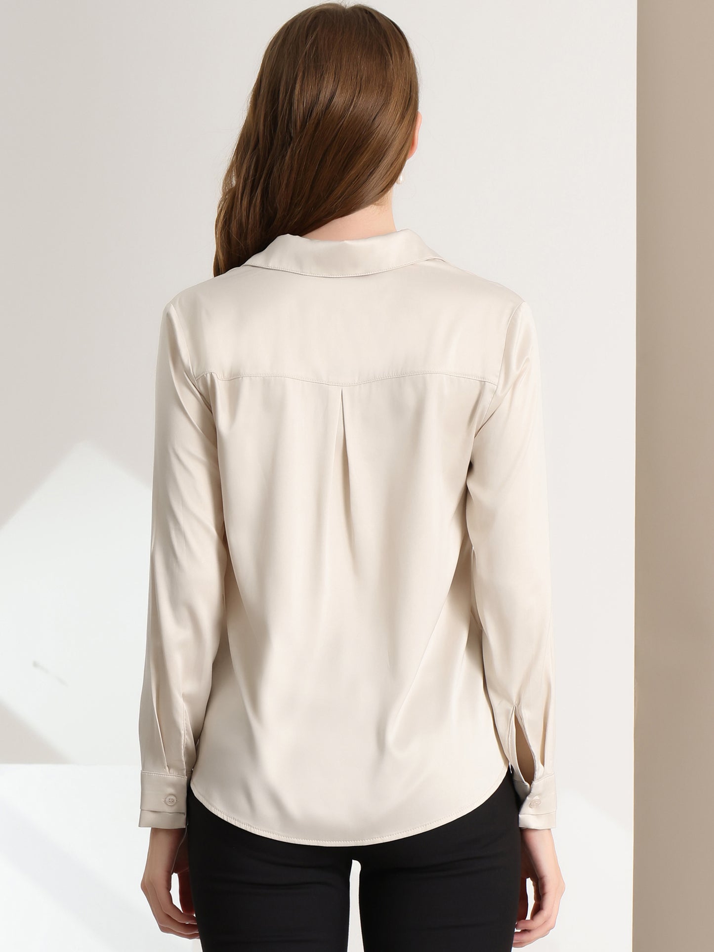 Women's Elegant V Neck Satin Long Sleeve Dressy Business Shirt Work Top (Available in Plus Size)