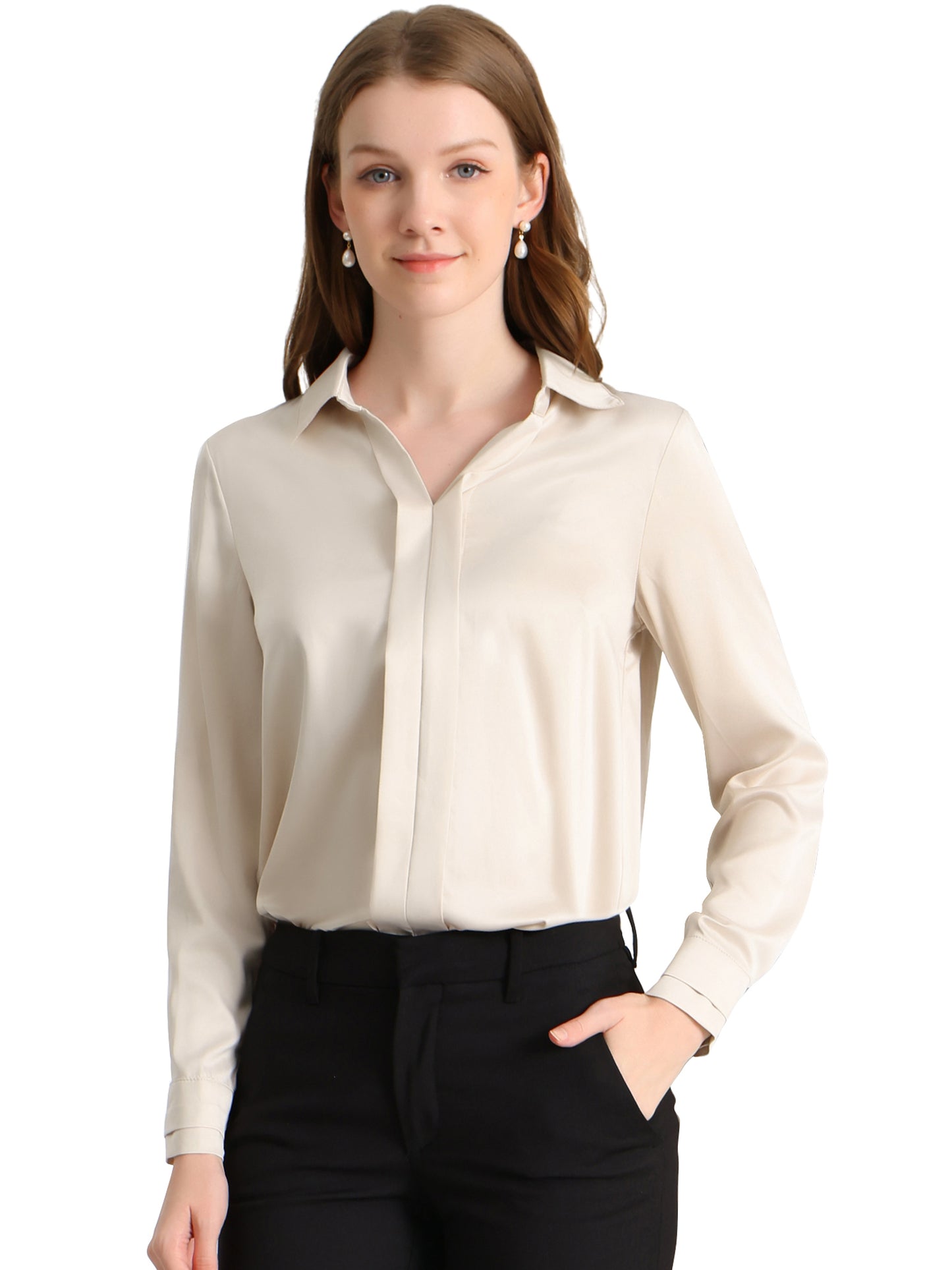Women's Elegant V Neck Satin Long Sleeve Dressy Business Shirt Work Top (Available in Plus Size)