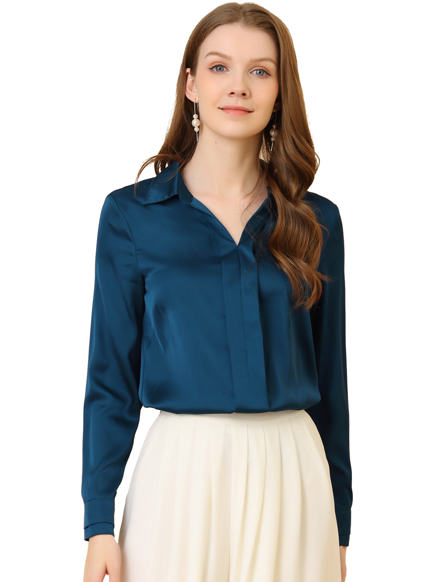 Women's Elegant V Neck Satin Long Sleeve Dressy Business Shirt Work Top (Available in Plus Size)