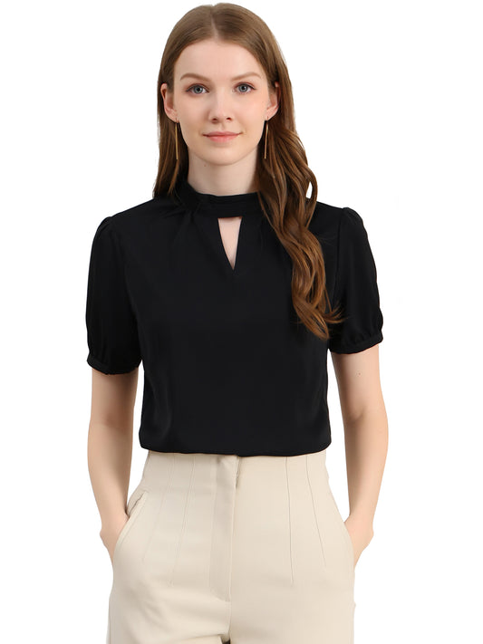 Women's Elegant Stand Collar Short Sleeves Cut Out Keyhole Blouse