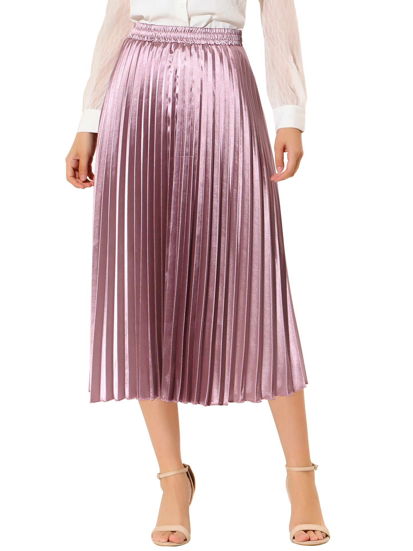 Women's Pleated Elastic Waist Metallic Shiny Accordion Elegant Midi Skirt (Available in Plus Size)