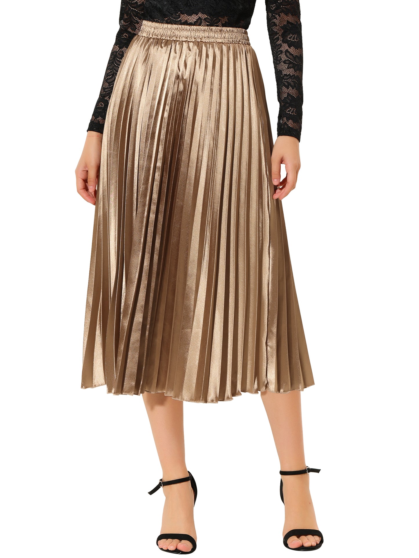 Women's Pleated Elastic Waist Metallic Shiny Accordion Elegant Midi Skirt (Available in Plus Size)