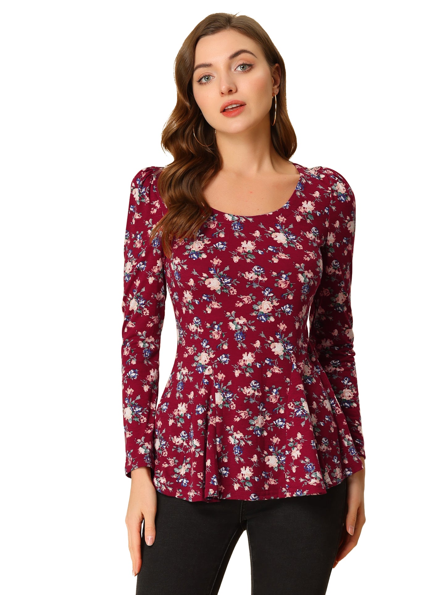 Women's Print Long Sleeve Ruffle Hem Scoop Neck Casual Peplum Top