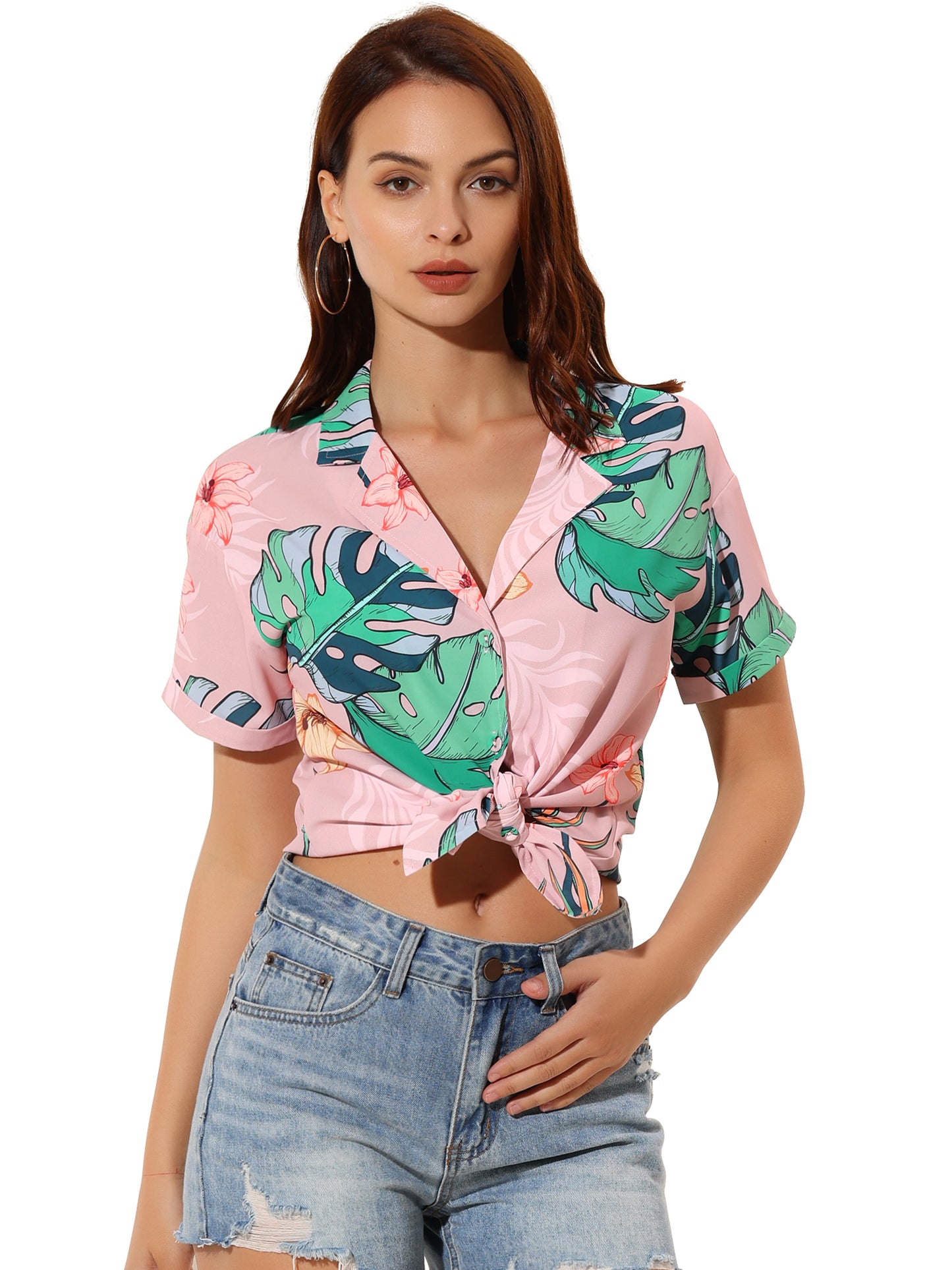 Women's Hawaiian Summer Floral Leaves Printed Short Sleeve Top Tropical Button Down Shirt (Available in Plus Size)