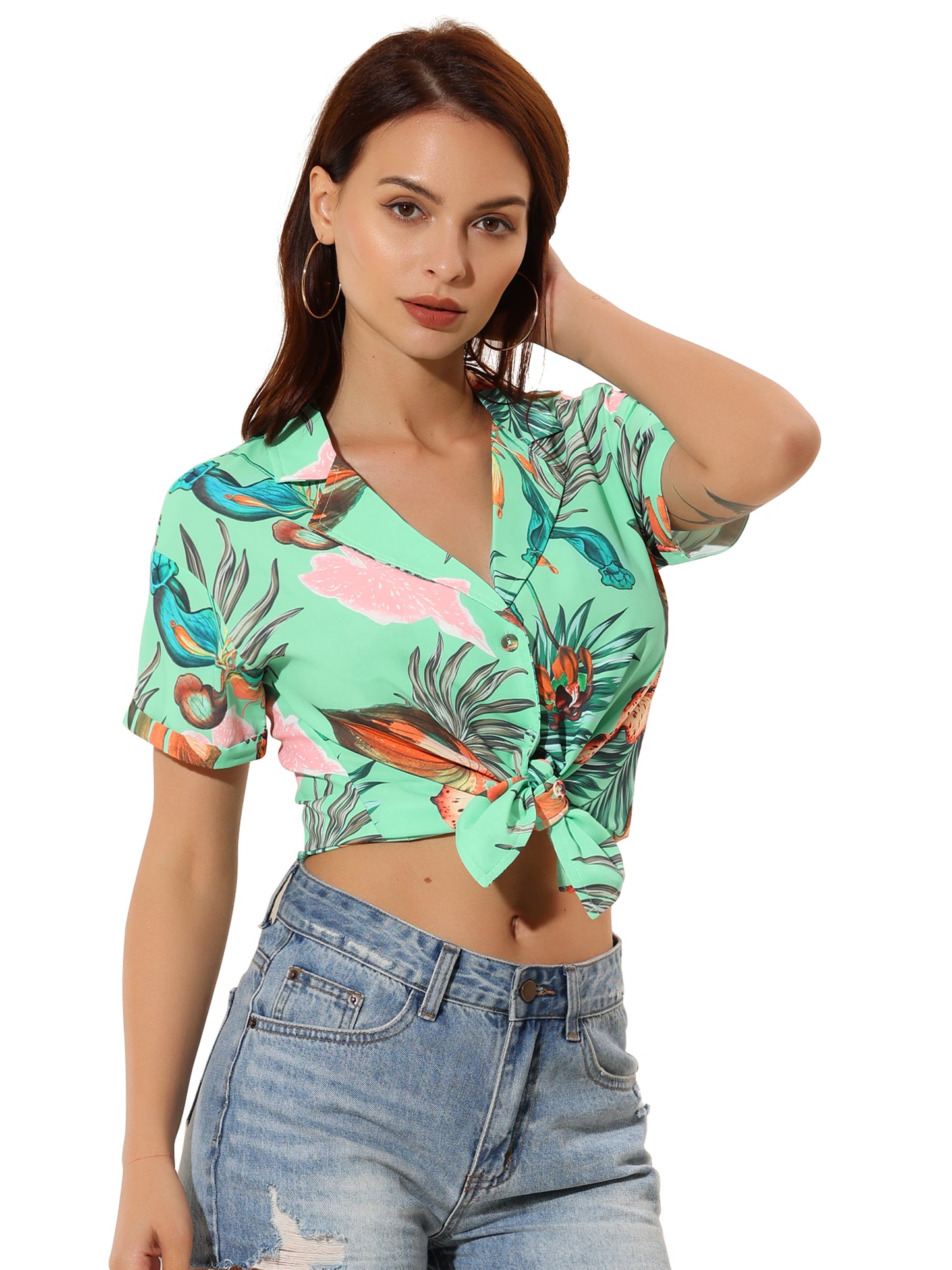 Women's Hawaiian Summer Floral Leaves Printed Short Sleeve Top Tropical Button Down Shirt (Available in Plus Size)