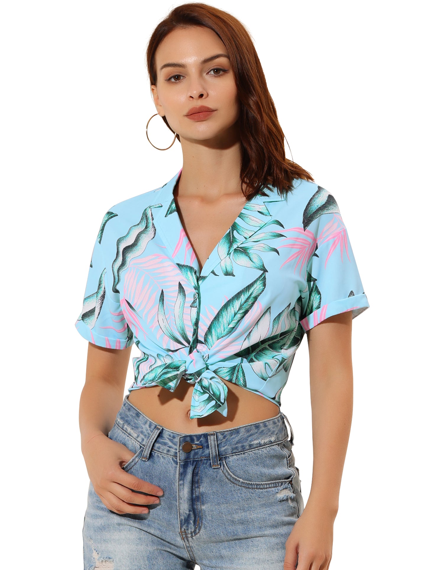 Women's Hawaiian Summer Floral Leaves Printed Short Sleeve Top Tropical Button Down Shirt (Available in Plus Size)