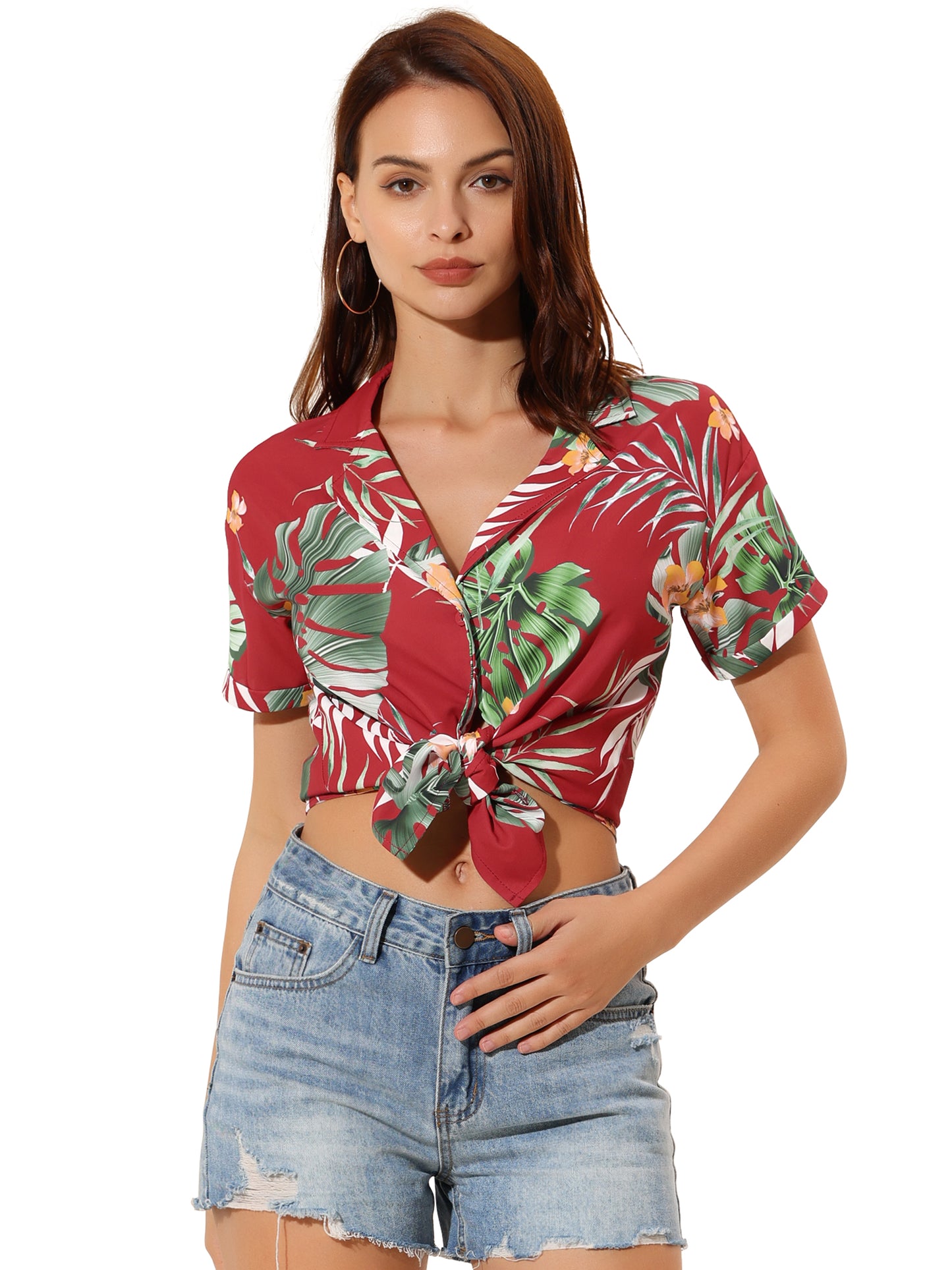 Women's Hawaiian Summer Floral Leaves Printed Short Sleeve Top Tropical Button Down Shirt (Available in Plus Size)