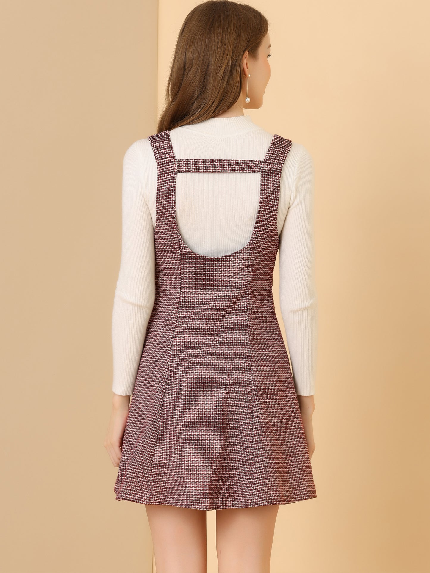 Vestido estilo pichi de tweed para mujer, con botones delanteros, corte A, cintura alta