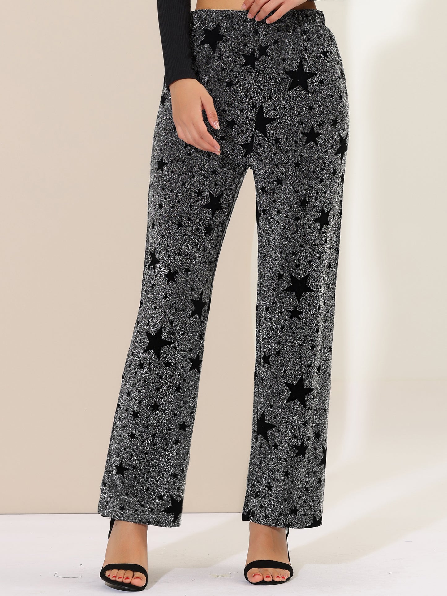 Women's Sparkle High Waist Stretch Party Wide Leg Shiny Star Print Pants